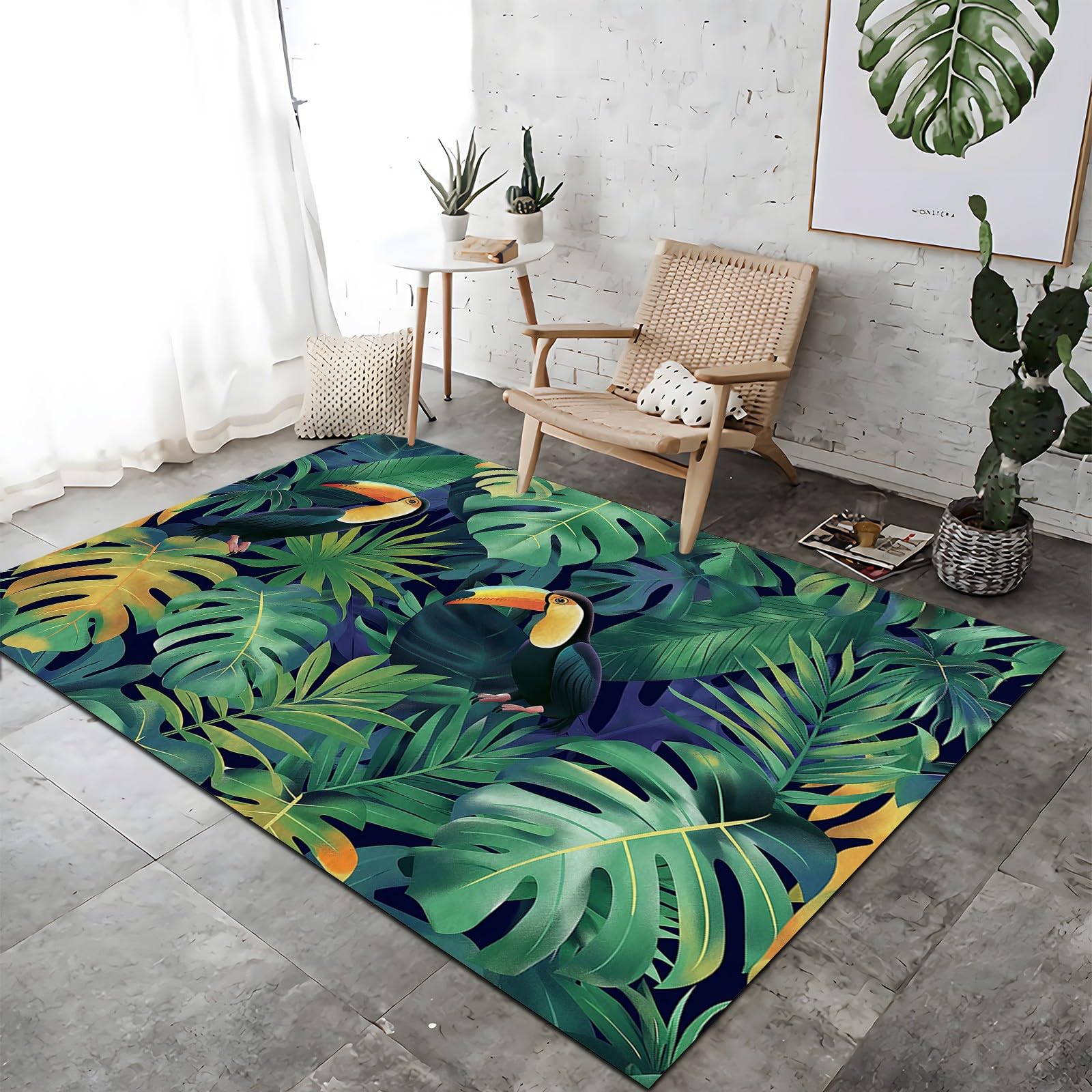 Tapis Doux et Confortable Antidérapant Tapis Lavable en Machine Carpettes 80x150cm Toucan de La Jungle Tropicale Tapis à Poil Court de Salon, Salle à Manger Chambre à Coucher, Vert