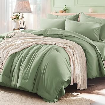 Anluoer 7-Piece Queen Comforter Set Soft Bed in a Bag Queen Bedding Set | Solid Sage Green, Oeko-Tex Certified, Lightweight, All Season Down Alternative Comforter, Breathable Sheets and Pillowcases