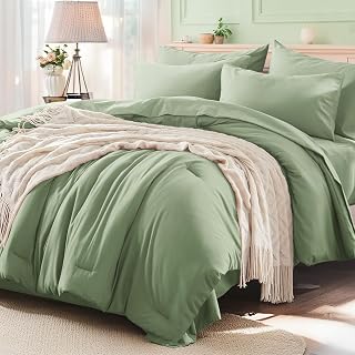 Anluoer Sage Green Queen Comforter Set 7 Pieces, Bed in a Bag with Sheets, All Season Bedding Sets with 1 Comforter, 2 Pillow Shams, 2 Pillowcases, 1 Flat Sheet, 1 Fitted Sheet