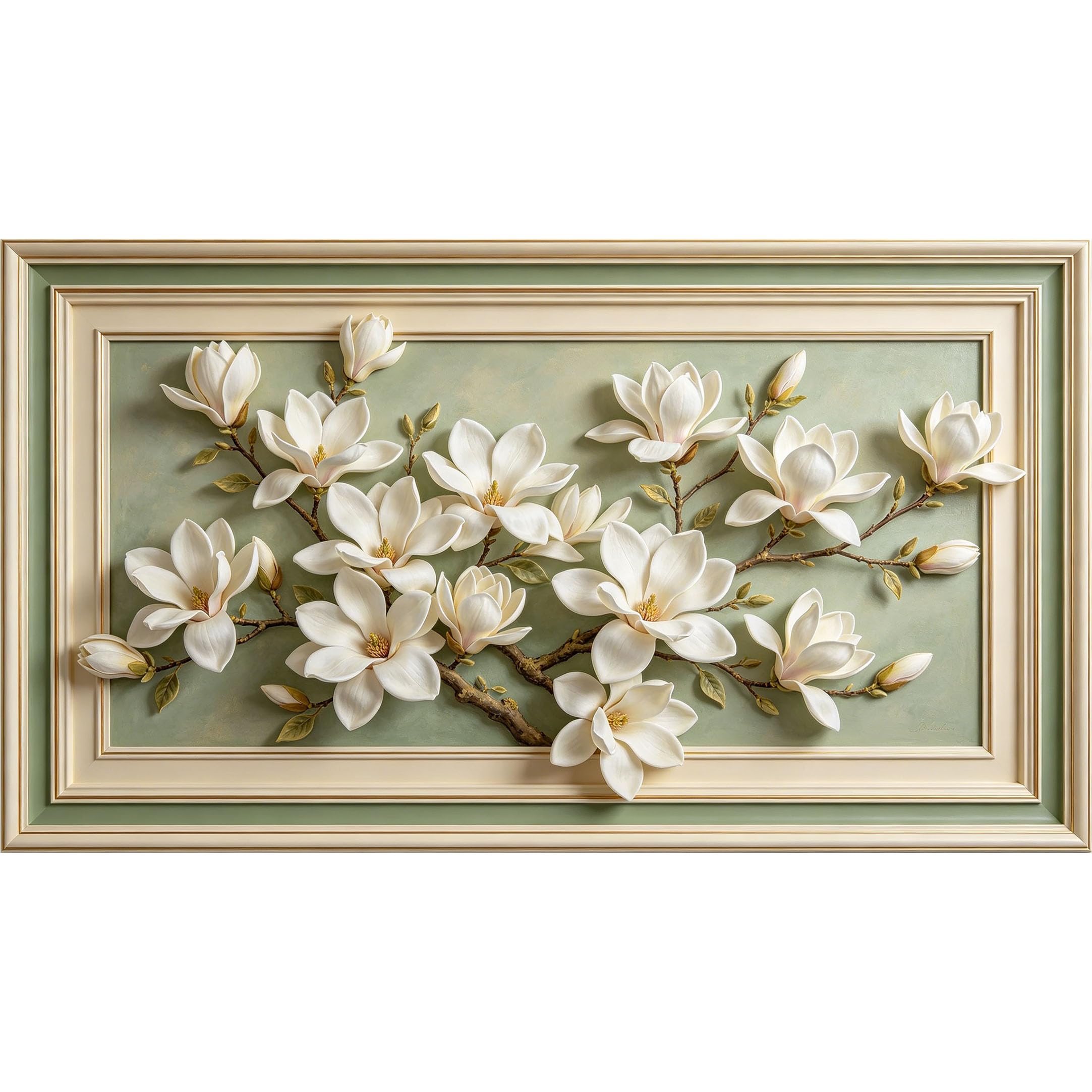 QZLITHOTIC 50x90cm3D Framed Wall Art， White Magnolia Blossom Botanical Self‑Adhesive Mural， Water‑Activated Peel & Stick Fabric Decor Wall Decal for Bedroom Living Room