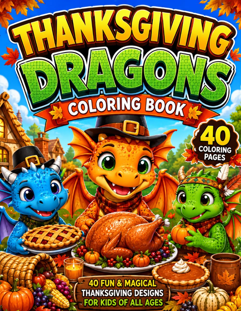 Thanksgiving Dragons Coloring Book: A Fun Fall Coloring Adventure with Friendly Dragons, Turkeys, Pumpkins, Harvest Scenes, and Easy-to-Color Pages for Kids