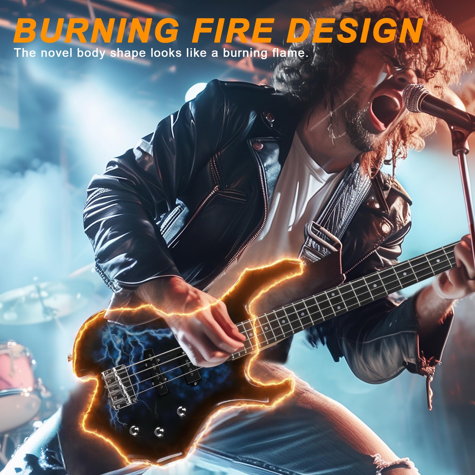 Ktaxon Electric Bass Guitar Full Size Flame Design Bass Set with 20 Watt Amplifier, Portable Bass Bag, Superior Amp Wire, Adjustable Guitar Strap, Plectrum, Wrench Tool(Lightning)