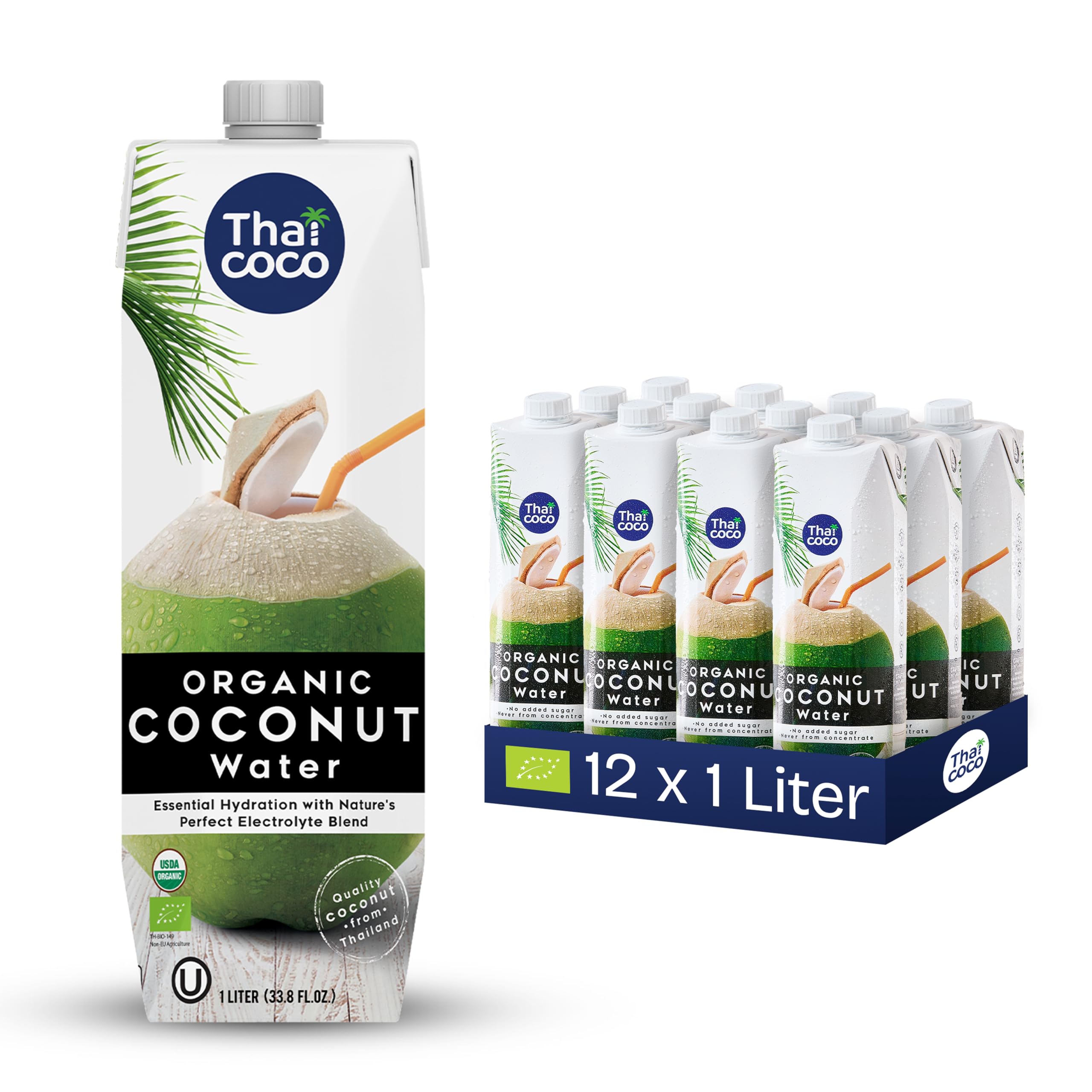 Thai Coco, agua de coco 100% pura, 12 x 1 l, procedente de Tailandia – Agua de coco natural con electrolitos – Sin azúcares añadidos ni conservantes – Bebida hidratante para el deporte y el día a día