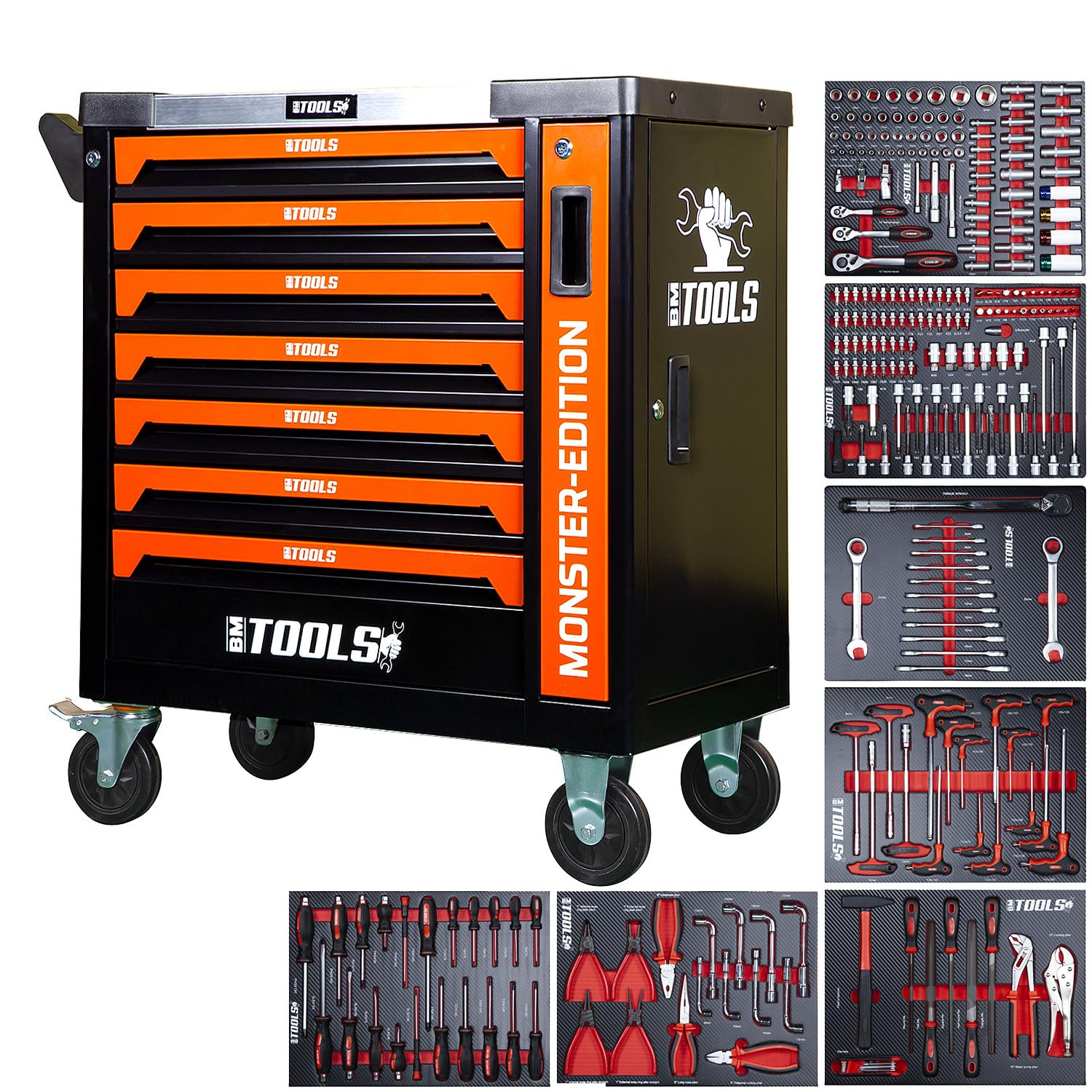 BM TOOLS Servante d'atelier Mécanique 9/7 Monster Orange 7 tiroirs Pleins, Tiroir en façade - 257 Outils - Chariot sur roulettes