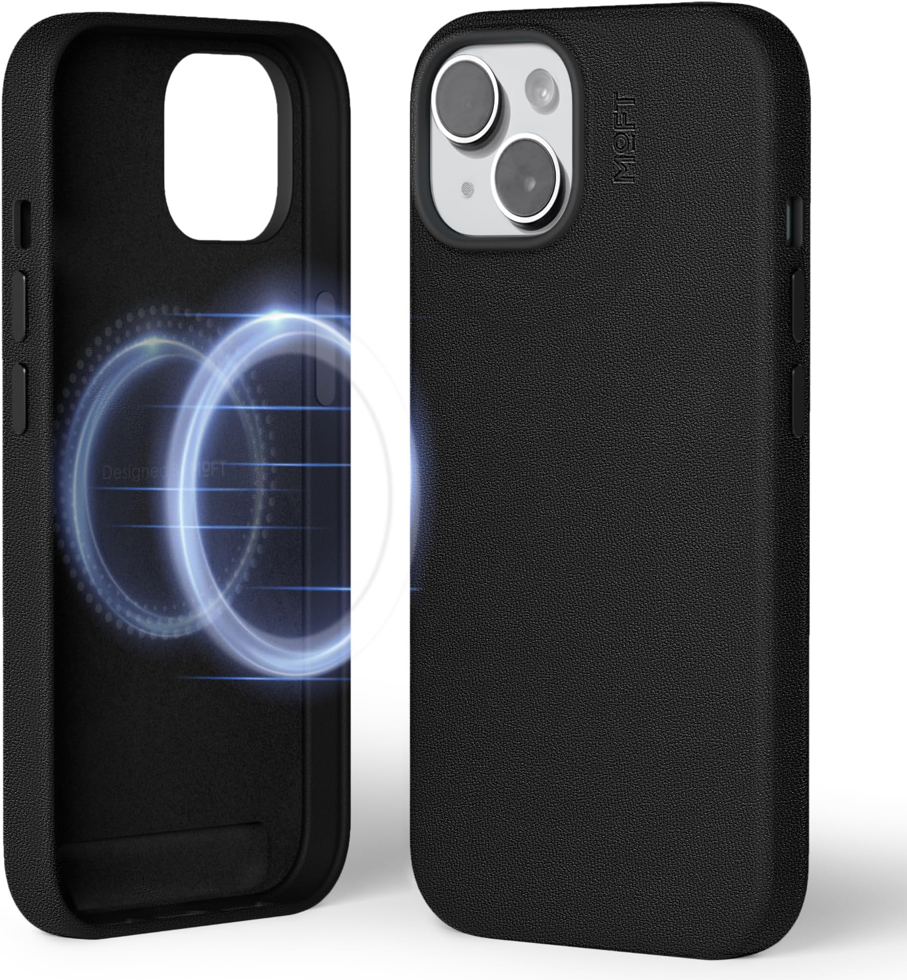 MOFT Magnetic Case for iPhone 15 Compatible with MagSafe, MOVAS Vegan Leather Case Cover, Touch Sensation, Color Retention, Scratch & Stain Resistant, Easy to Clean, Jet Black
