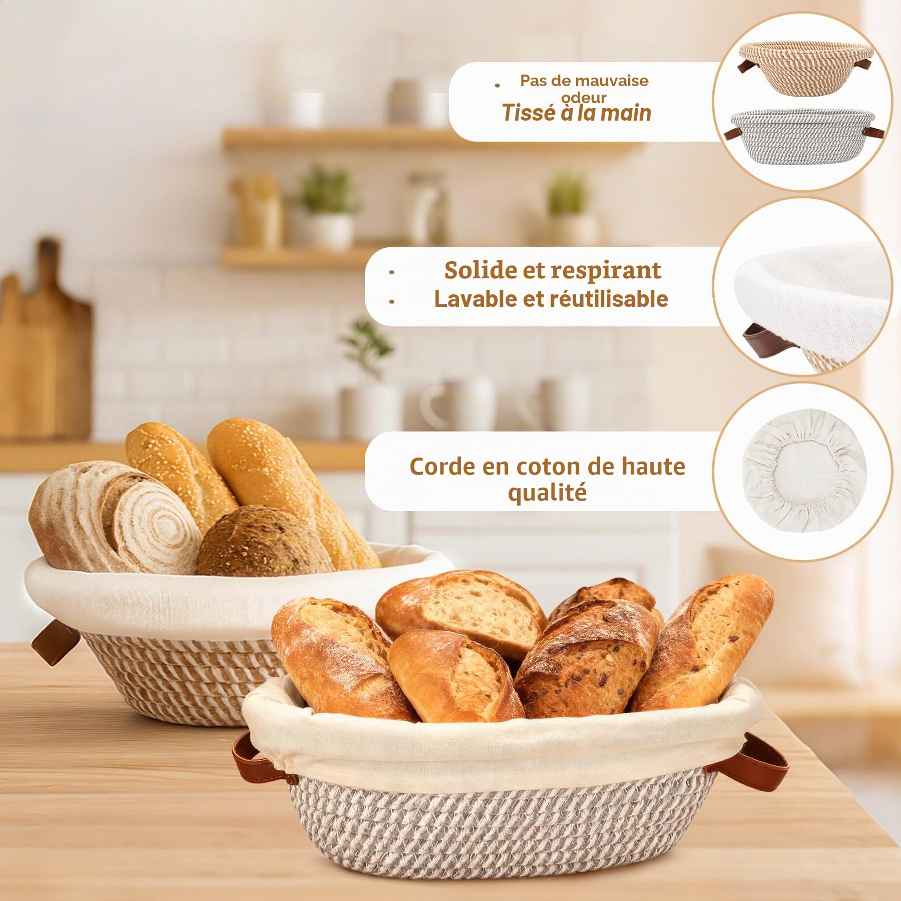 Kit de démarrage de 21 pièces pour paniers de fermentation du pain, panier banneton rond de 25,4 cm et ovale de 30,5 cm en corde de coton avec kit de bocal de levain, doublures et couvercles, outils