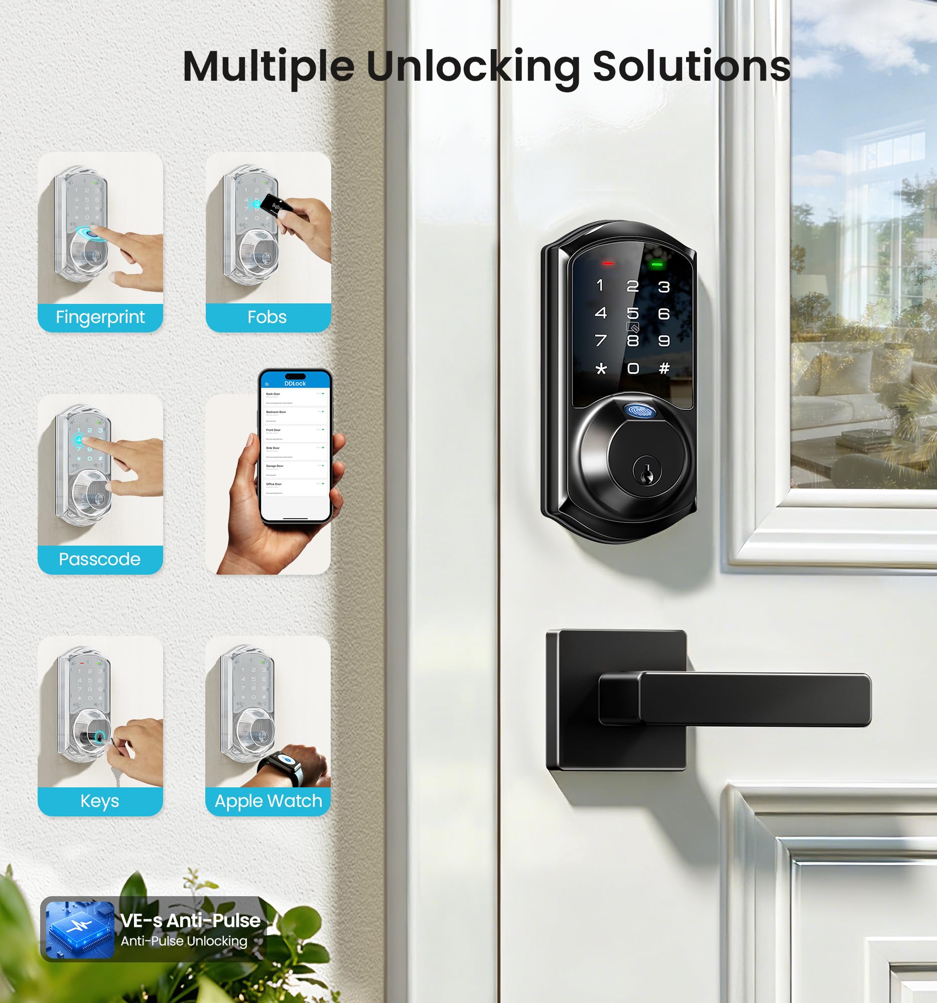 Veise VE07-L Fingerprint Smart Locks for Front Door with 2 Lever Handle Set, App Control, Keyless Entry, Electronic Digital Keypad Deadbolt, Auto Lock, Waterproof, Easy to Install, Matte Black