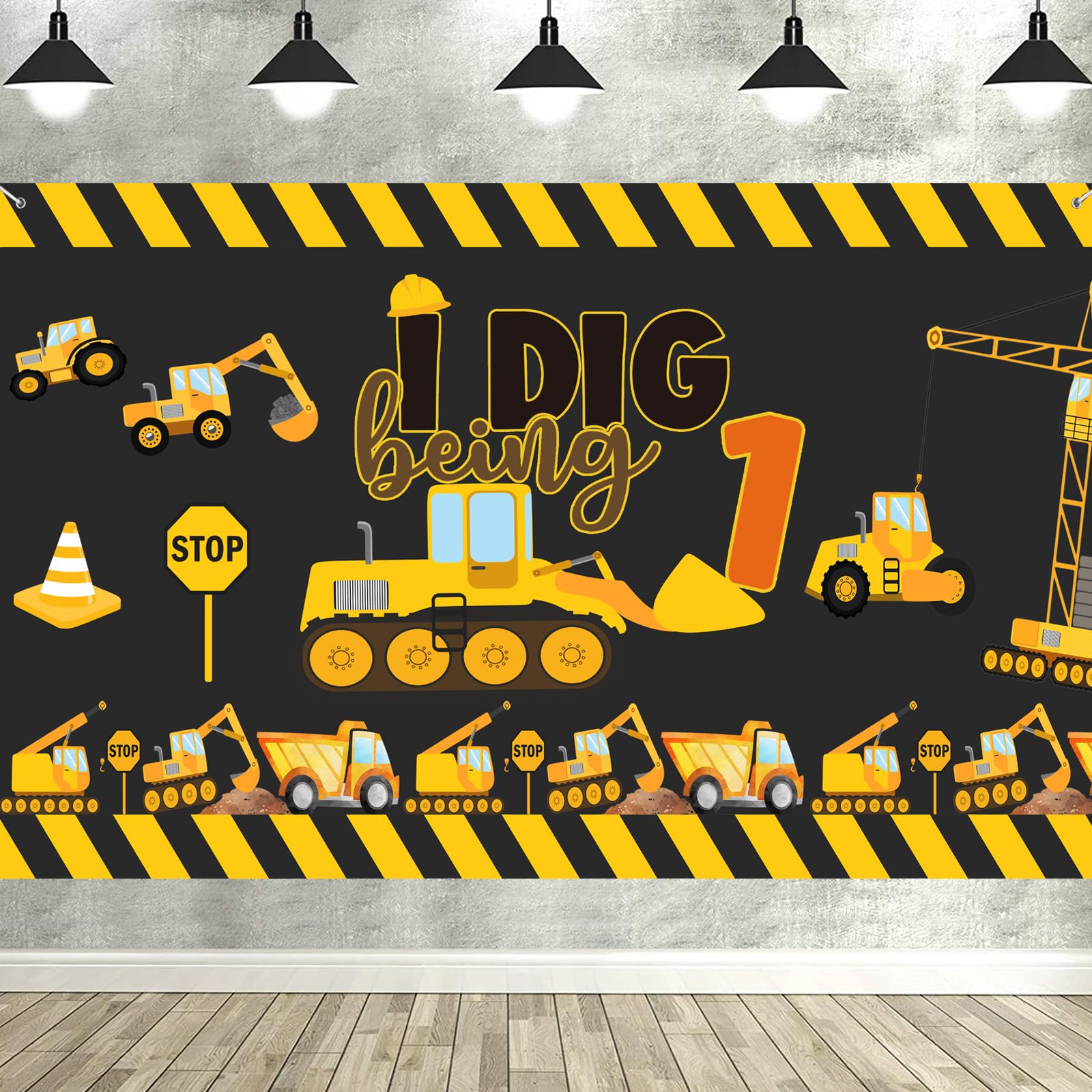 Construction 1st Birthday Party Supplies Backdrop Banner Dump Truck Excavator Crane Digger Zone Background Photo Booth Props for Boys Construction One