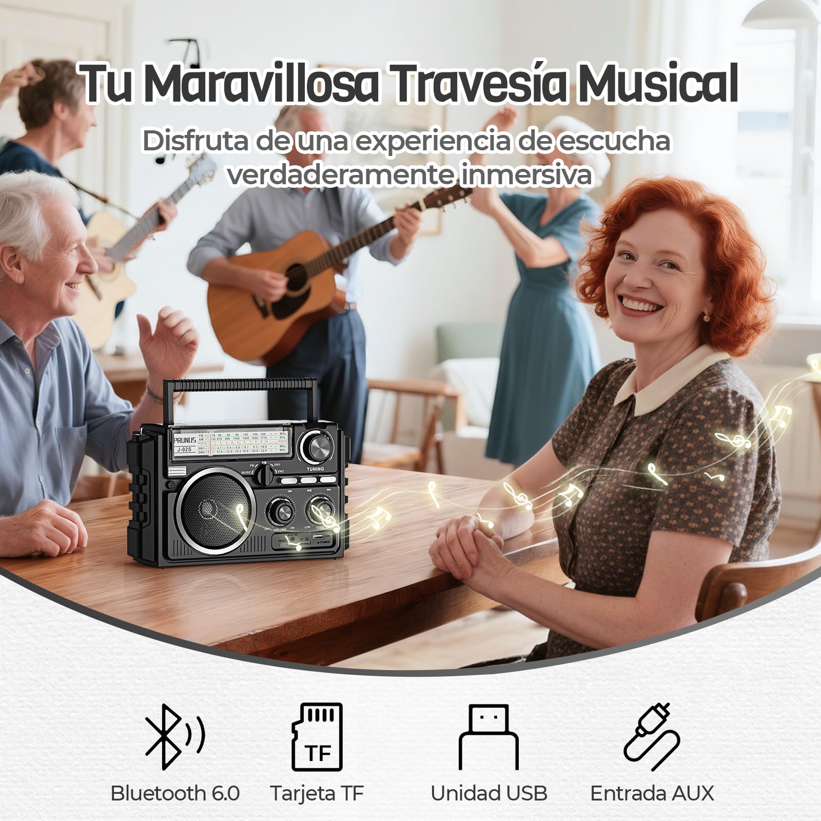 PRUNUS J-02 Radio Portatil Pequeña FM Am SW, Radio Solar y Recargable de 1800mAh, o Funciona con Pilas D, Transistores Radios con Dos Antenas, Reproductor Bluetooth/USB/TF de 5W, Fácil de Usar.