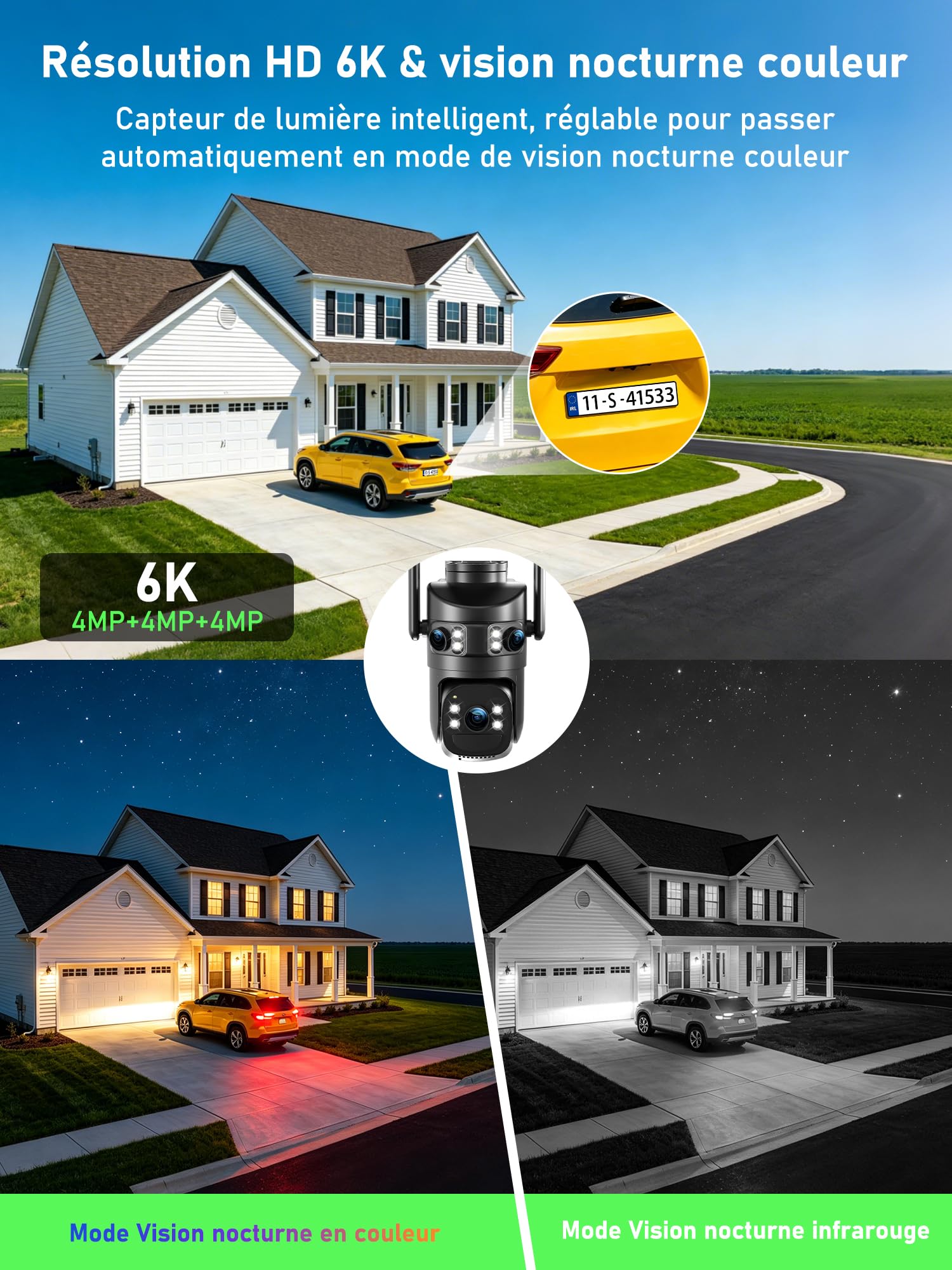 4K Camera Vigilancia WiFi Exterior Inalámbrico, Triple Objetivo/Cámara Solar/Batería, 360° PTZ Seguridad en el hogar, Visión Vocturne 30M, Alarma, Audio bidireccional, Seguimiento automático,2PCS
