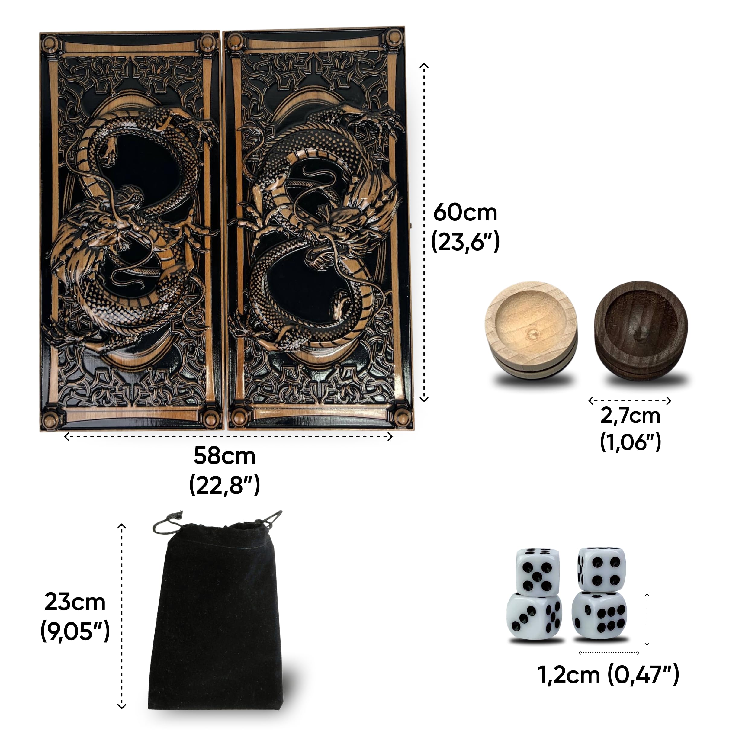 Backgammon - Fabriqué à la main - En bois massif - Grande sculpture de dragon - 60 cm - Jeu de société élégant en bois d'érable avec 32 pions et dés en bois - Idée cadeau de luxe pour les