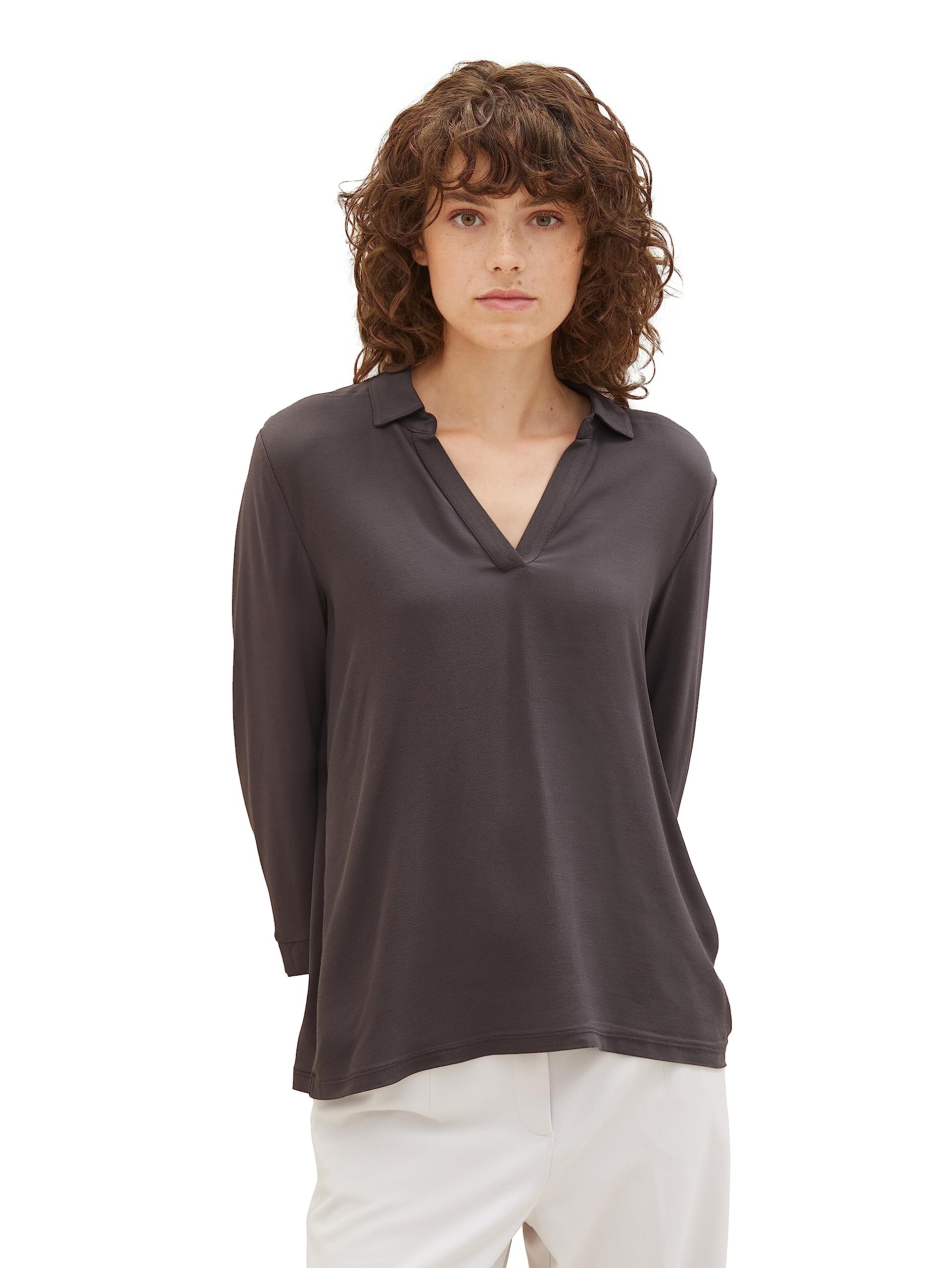 Camiseta polo de mezcla de materiales TOM TAILOR con cuello suave para mujer 7
