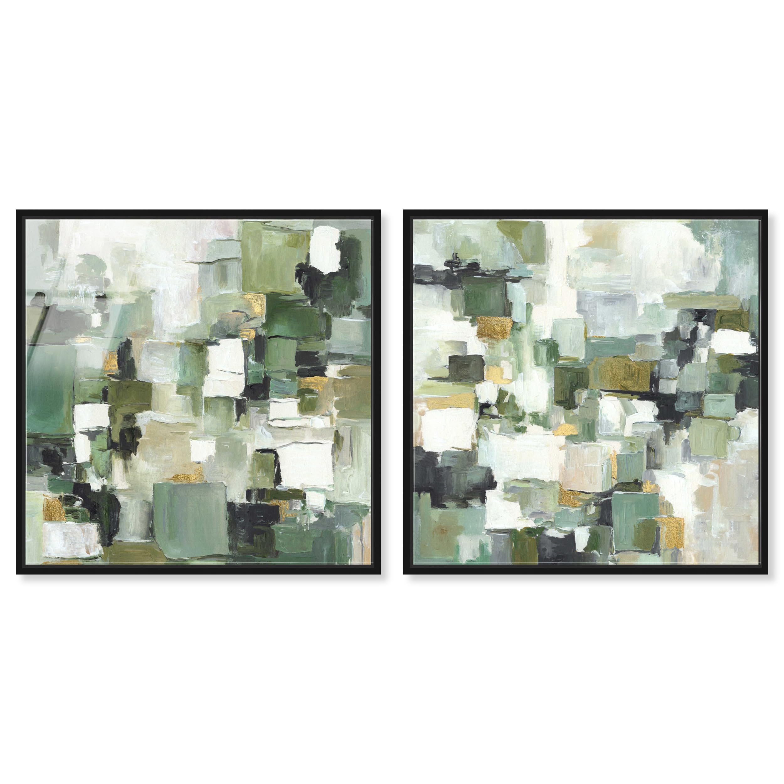 Art Remedy Green Grid Gerahmter Acryldruck, modernes abstraktes Kunst-Set, schwarzer Rahmen, 40,6 x 40,6 cm