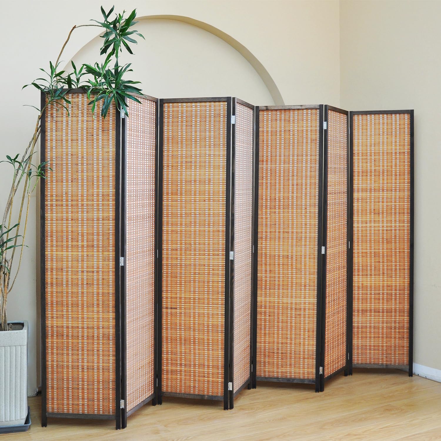 Photo 1 of Furnnylane 7 Panel Bamboo Room Divider - 5.6 ft Tall Folding Privacy Screen, Natural Brown Freestanding Partition Wall for Home Office & Room Separation (67" H x 107.5" W)