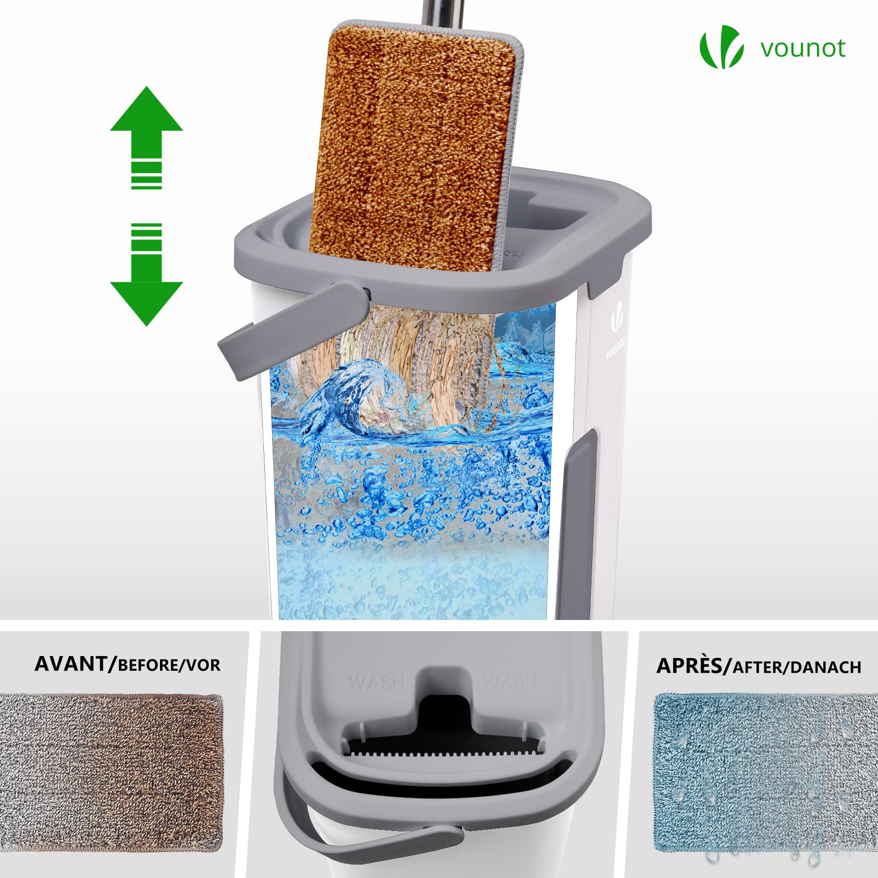 VOUNOT® Juego de Fregona y Cubo Escurridor 2 Compartimentos, Mopa Plana Microfibra con 6 Almohadillas Reutilizables, Trapeador Giratorio 360° Limpieza Suelos Madera, Laminado, Baldosas y Mármol Blanco