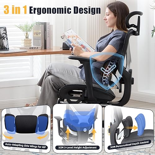 Miniatura 3 de Silla de oficina ergonómica  Silla de escritorio ejecutiva de malla con soporte lumbar dinámico de 3 zonas y reposacabezas ajustable 3D  Silla