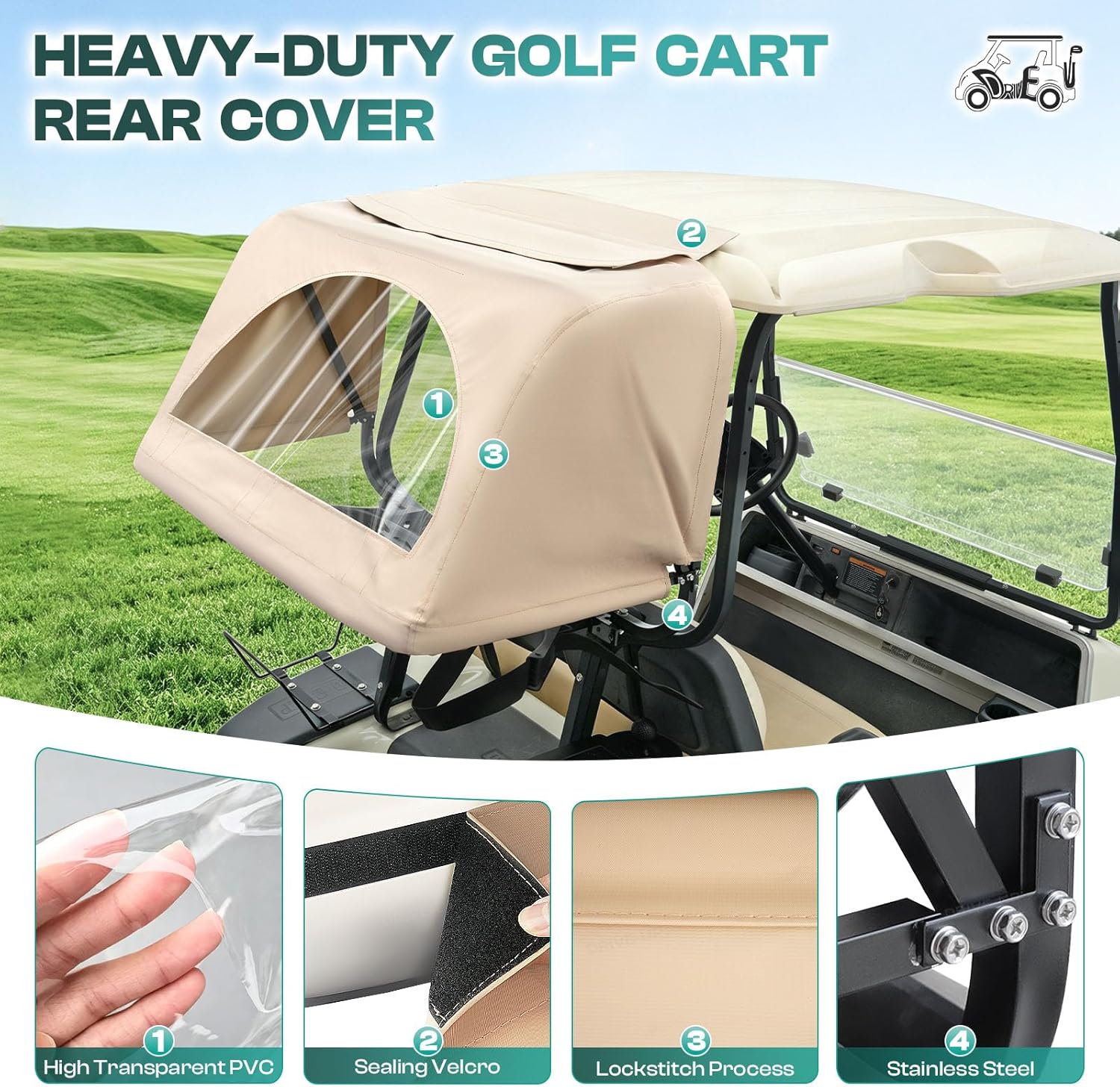 DRIVE UP Golf Cart Rear Bag Rain Cover for Most Yamaha Club Car EZGO Golf Carts, Black/Beige Heavy-Duty Golf Rear Rain Shelter with Bracket Kit