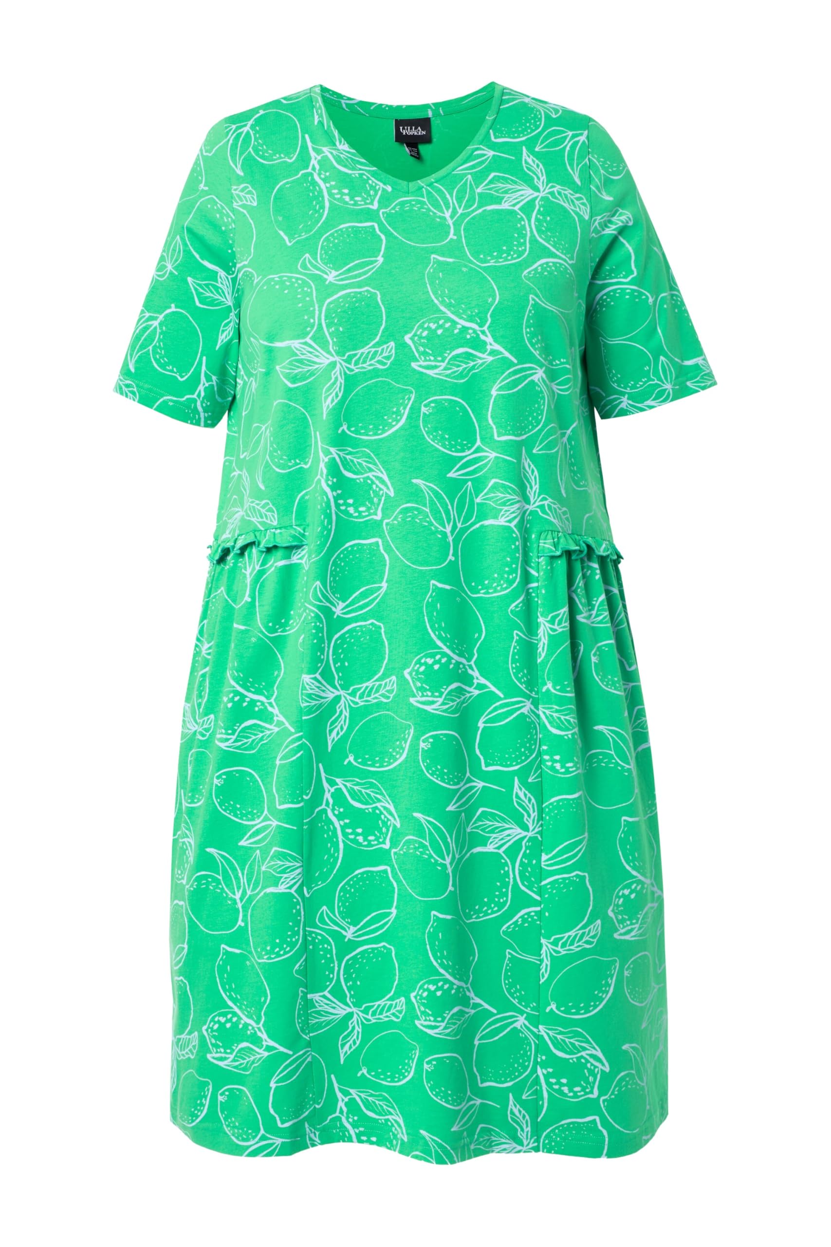 Ulla Popken Damen große Größen Übergrößen Plus Size Jerseykleid, Zitronen, Rüschen, V-Ausschnitt, Halbarm 850204