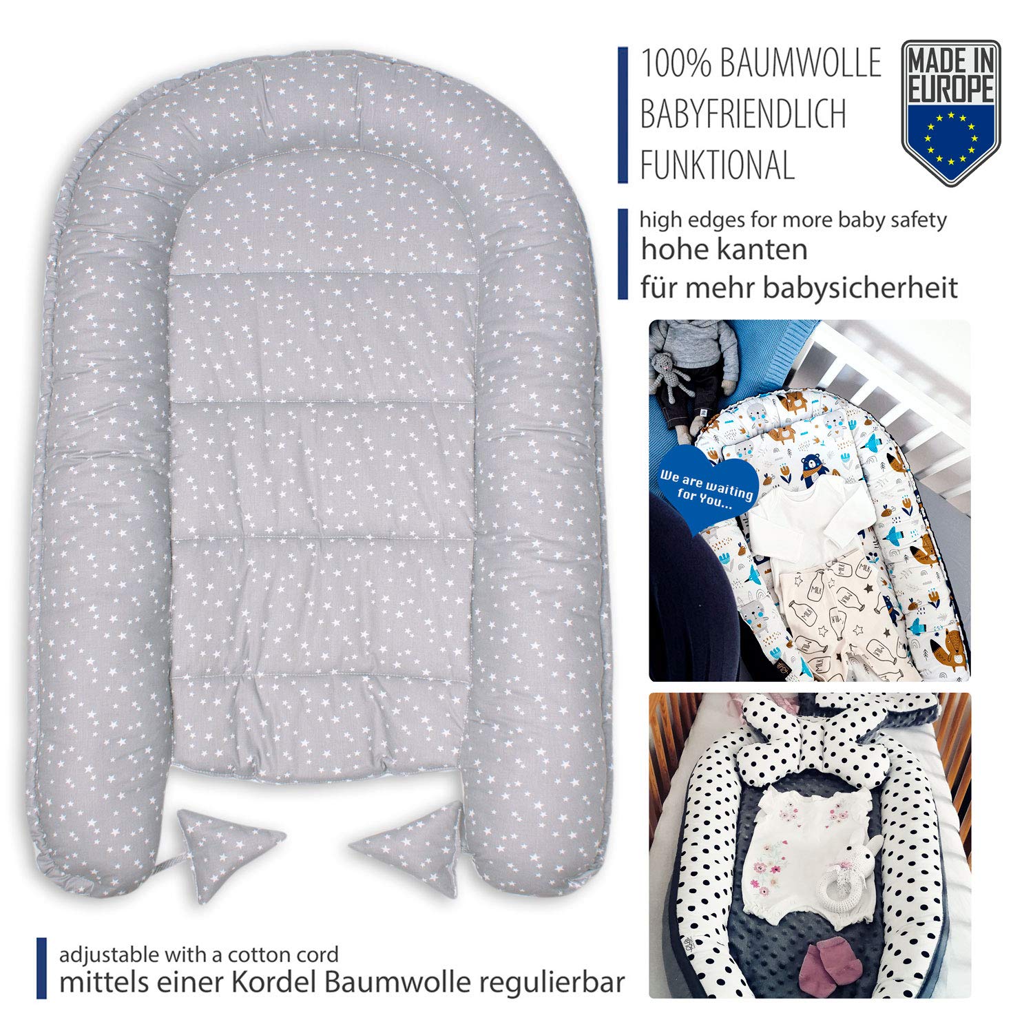 PaLulli Babynest Babynestchen 50x90 cm Babykokon, 2seitig, 100% Baumwolle, Nestchen für Babybett, Kuschelnest, Kissen, Reisebett für Baby und Säuglinge (Sterne F)
