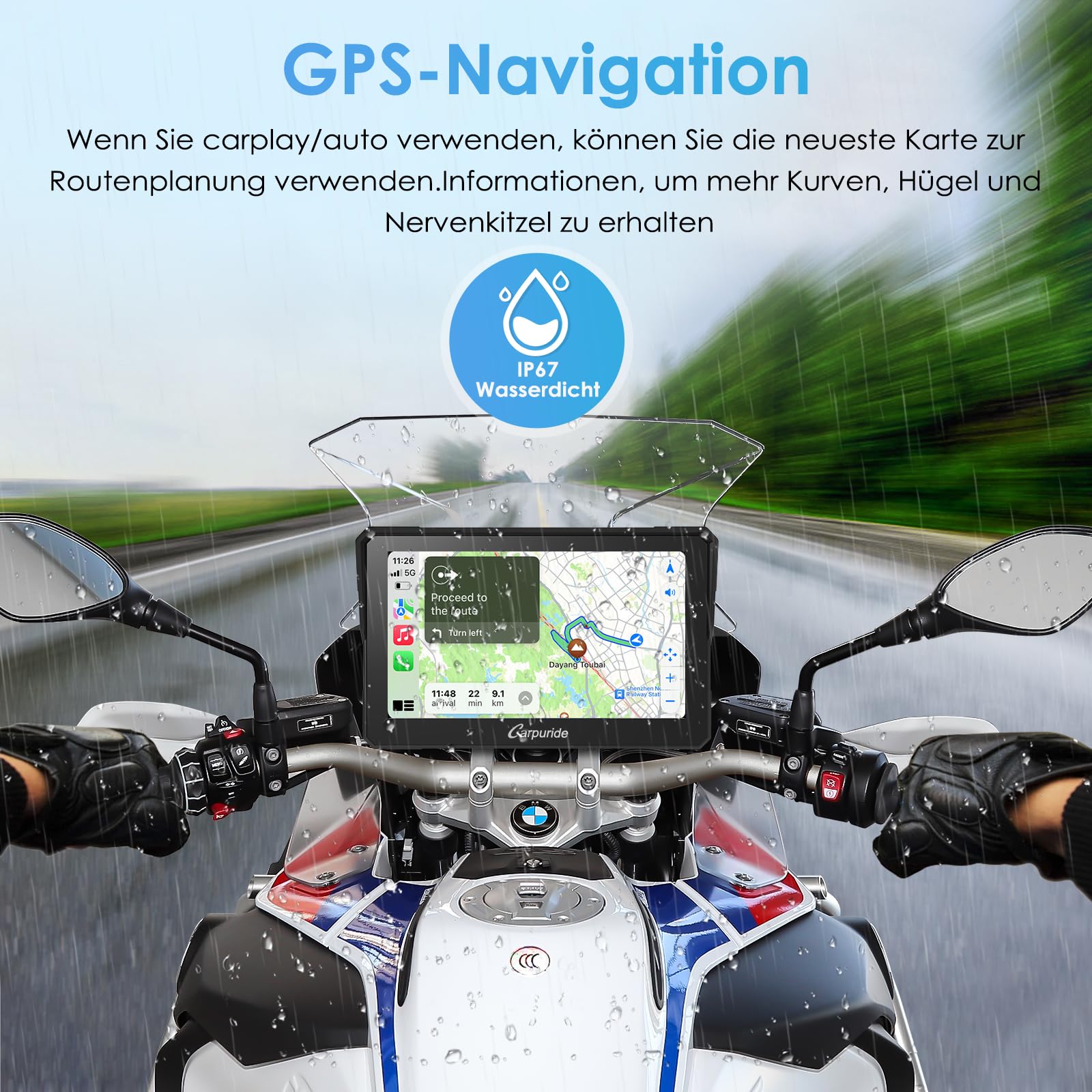 Carpuride W702B Motorrad GPS Carplay Bildschirm mit Design Halterung für BMW Motorräder, Kabelloses CarPlay und Android Auto, Tragbarer 7" Wasserdichter Touchscreen, Dual Bluetooth, Navigation, Siri.