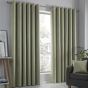 Fusion Green Curtains W46 x L90 (117 x 228cm) for Living Room &amp; Bedroom, Eyelet, Thermal, Insulated Curtains, Ring Top, 2 Panels, Sage Green