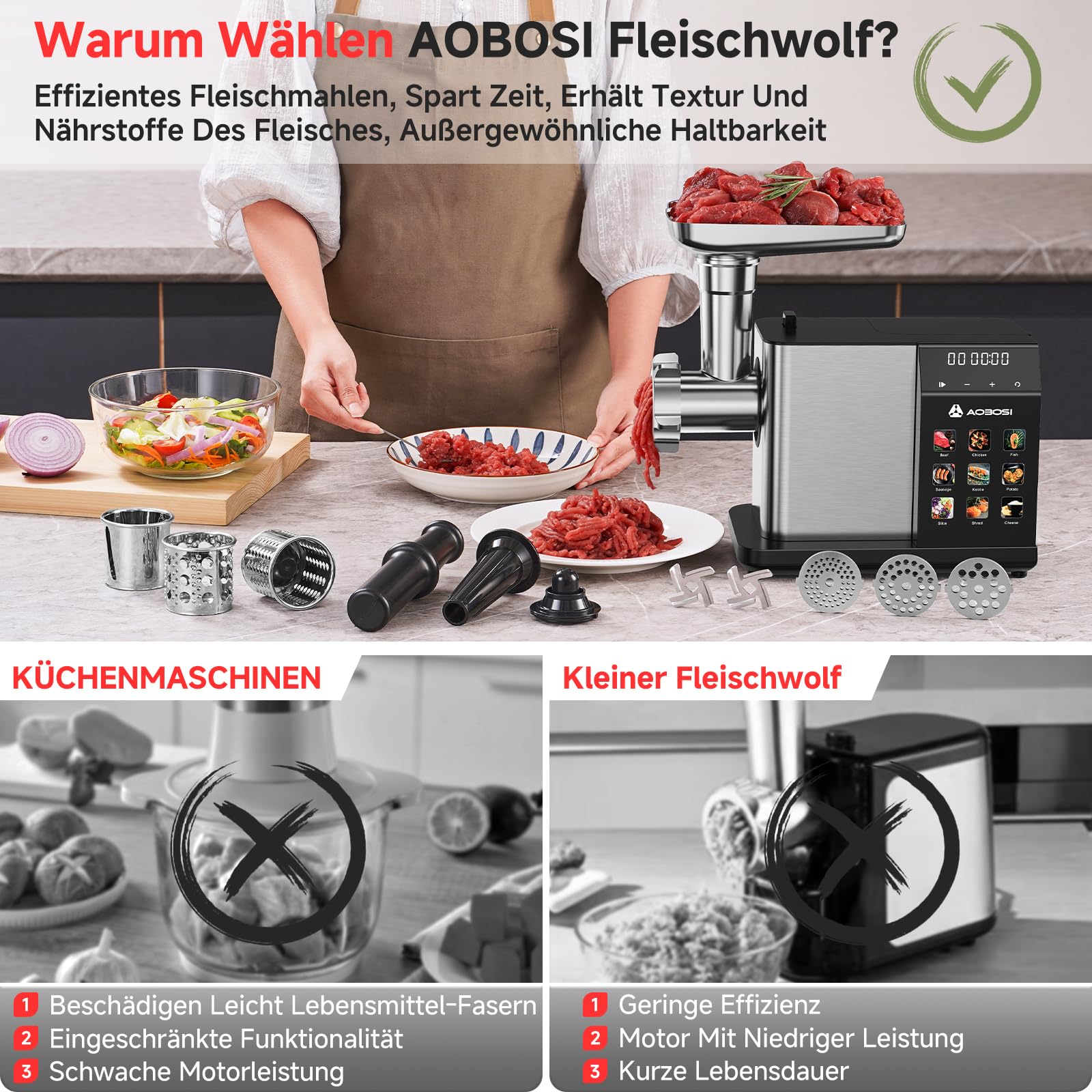 AAOBOSI Elektrischer Fleischwolf [3000W Max] mit LED-Anzeige, 9 Geschwindigkeitsstufen, Edelstahl-Schneideaufsatz, Wurstfüller & Kibbe-Maker, Integrierter Aufbewahrungsbehälter, Für den Heimgebrauch