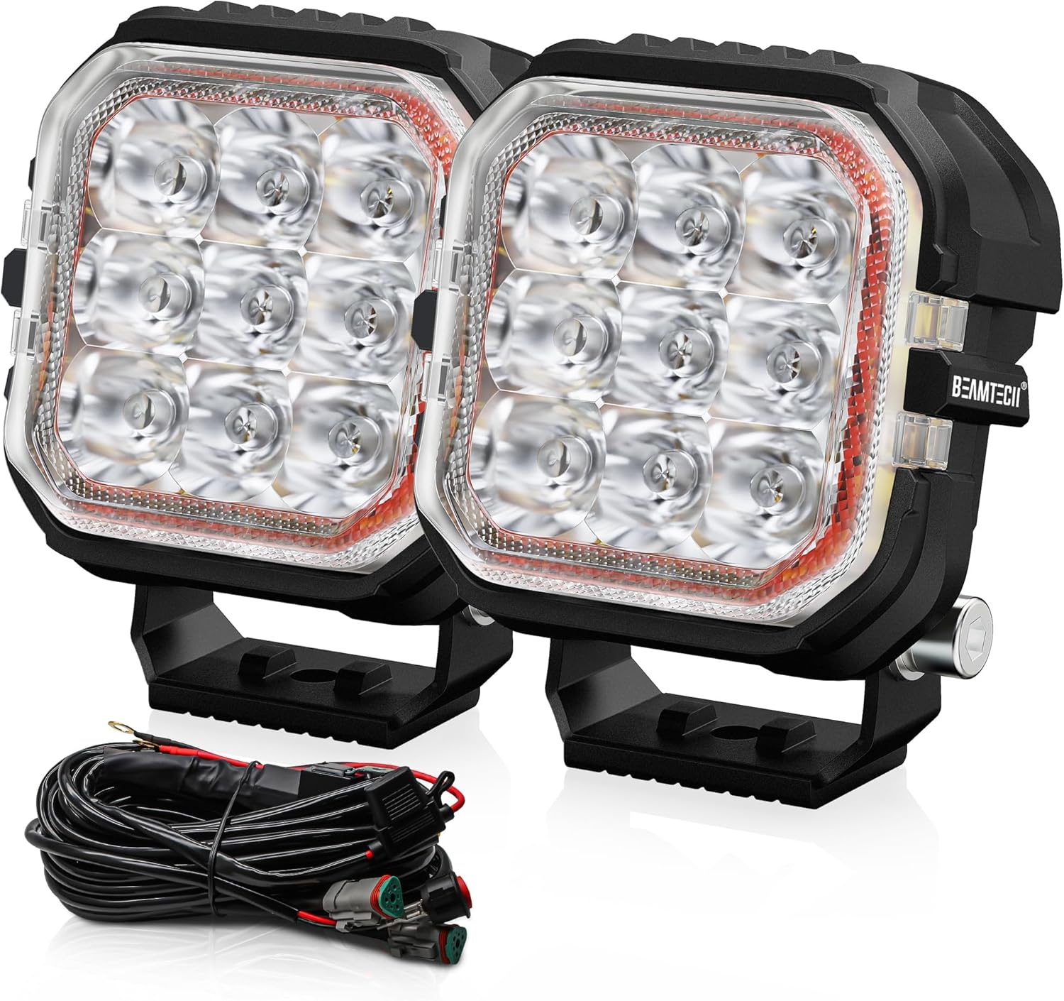 BEAMTECH 4 Inch LED Pods, 100W 8000LM Hyperspot Beam Off-Road Driving Lights, Cube 6500K White with Amber DRL, for Truck ATV UTV, Pair