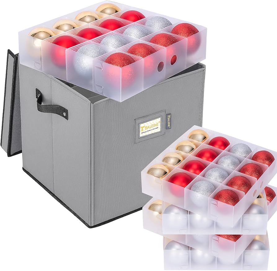 BALEINE Christmas Ornament Storage Box with Dividers, Premium Holiday Ornaments Storage Container Bin for Xmas Decorations (64 Ball, Grey, Hard)