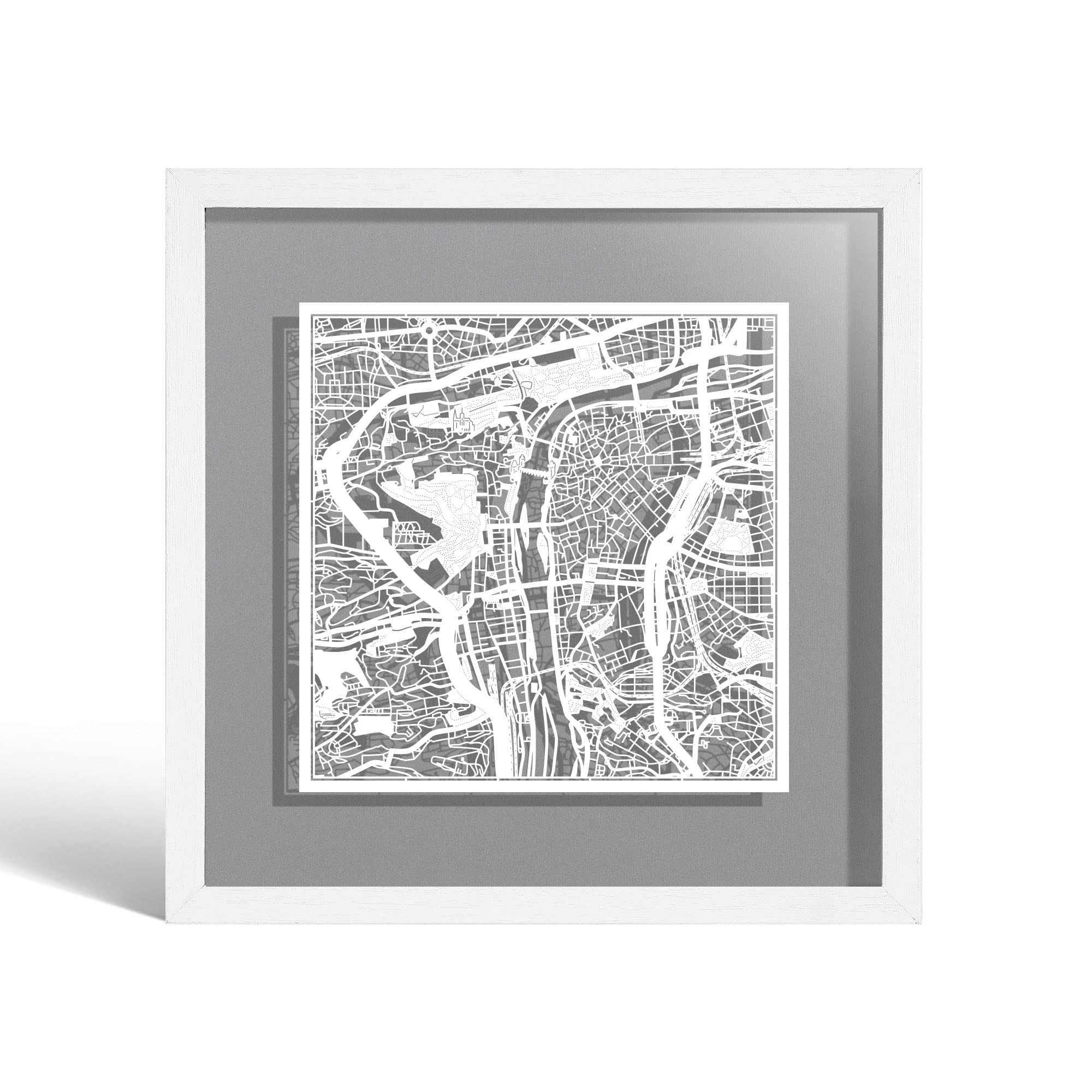O3 DESIGN STUDIO Prague Paper Cut Map framed, White map, White frame, 23x23 cm, Gift Boxed, 4 background color, self-changing, Paper Art — image 1