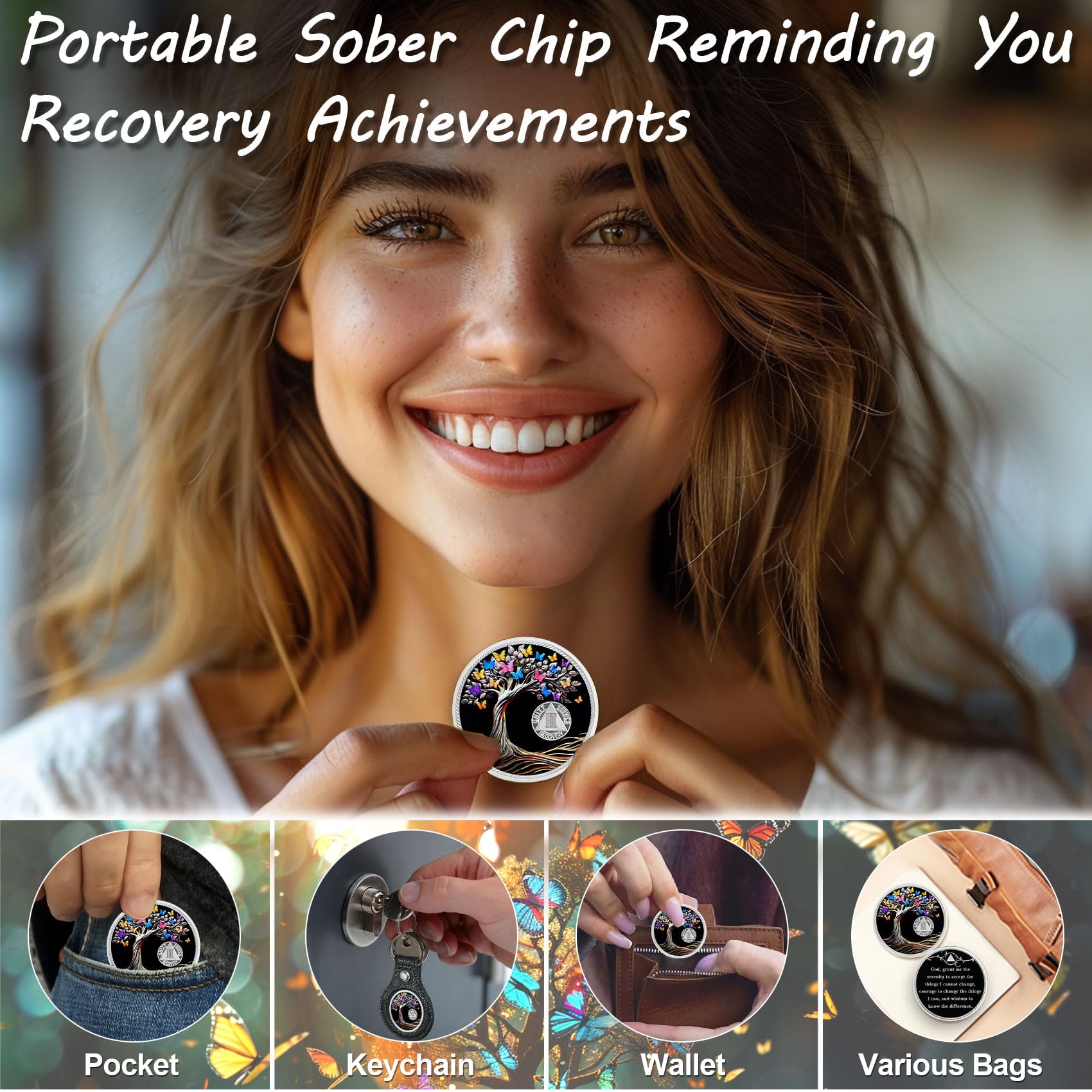 Chip de sobriedad de 2 años, moneda AA de recuperación y medallón, mariposa árbol de la vida, moneda de sobriedad AA NA sobriedad símbolo de aniversario regalos de sobriedad alcohólicos
