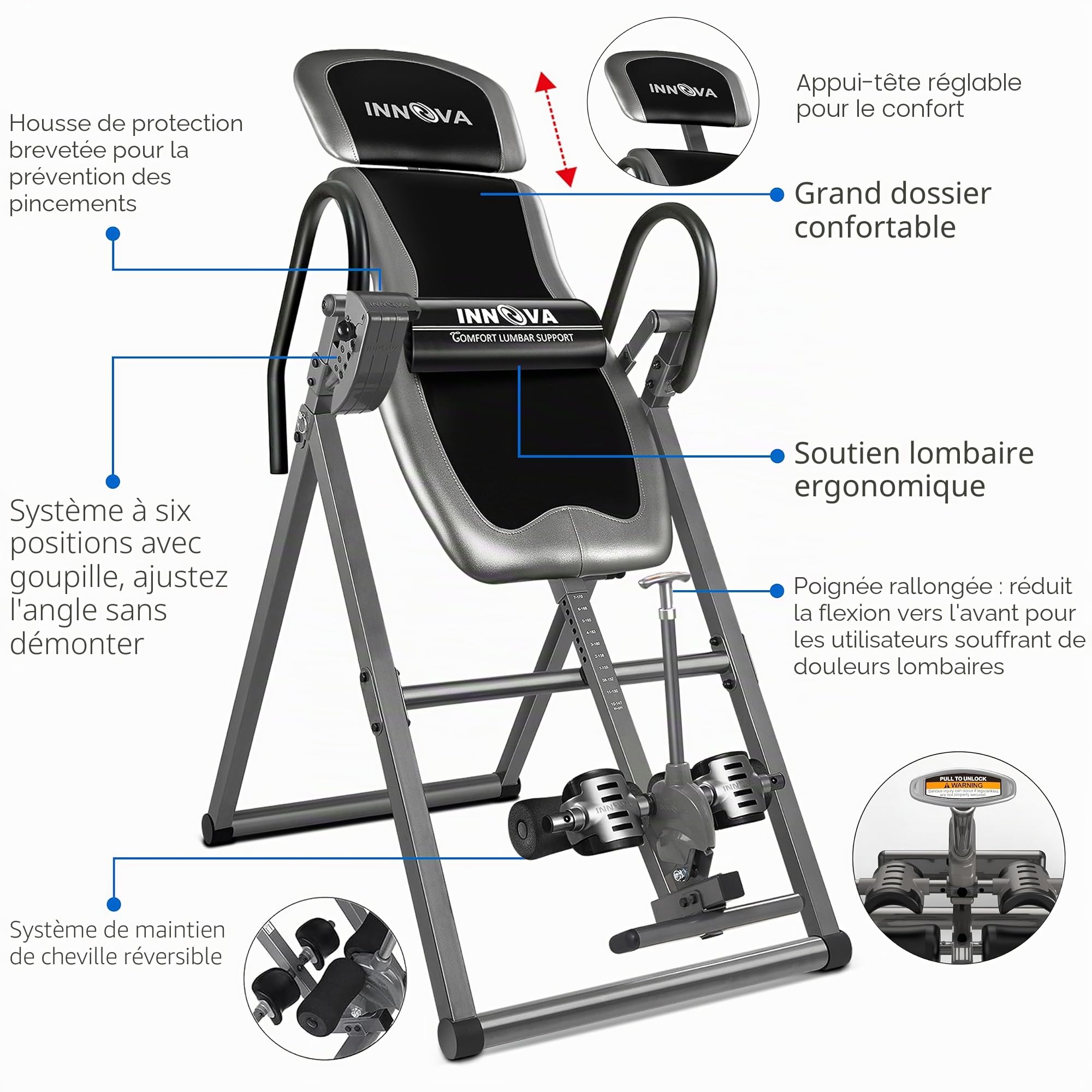 Innova Table d'inversion avec appuie-tête réglable, Supports de Cheville réversibles et capacité de Poids de 136 kg