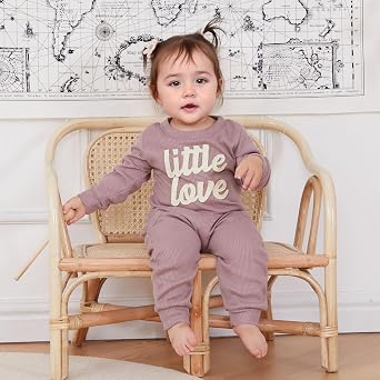Baby Girl Boy Fall Clothes Cute Letter Embroidery Long Sleeve Sweatshirt Pants Set Toddler 2Pcs Waffle Knit Outfit