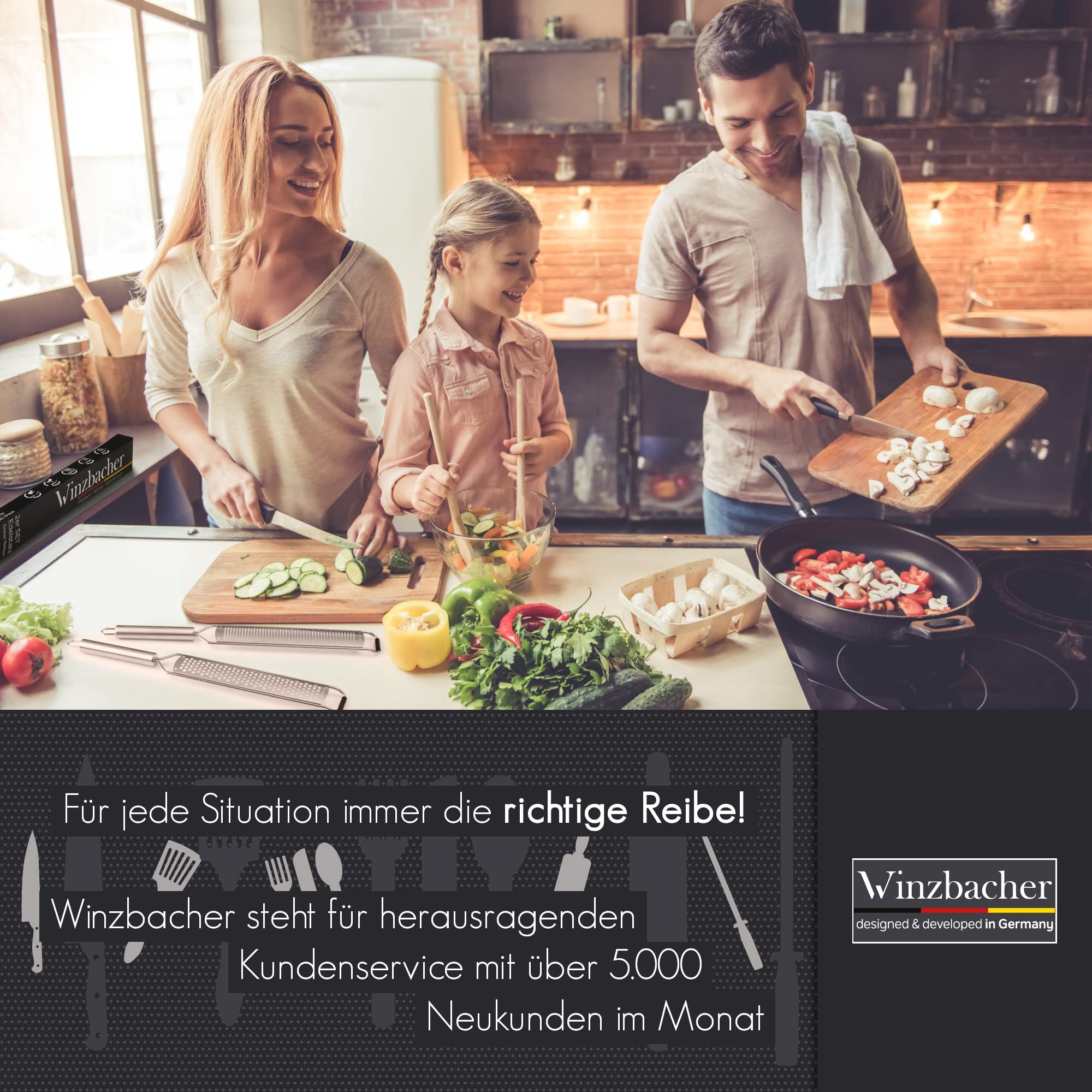 Winzbacher® DAS ORIGINAL [2er Set] Edelstahl Reibe | Parmesanreibe, Zitronenreibe, Muskatnuss, Ingwerreibe, Zester | rasiermesserscharfe Klinge | inkl. Sch?tz & Reinigungsbürste