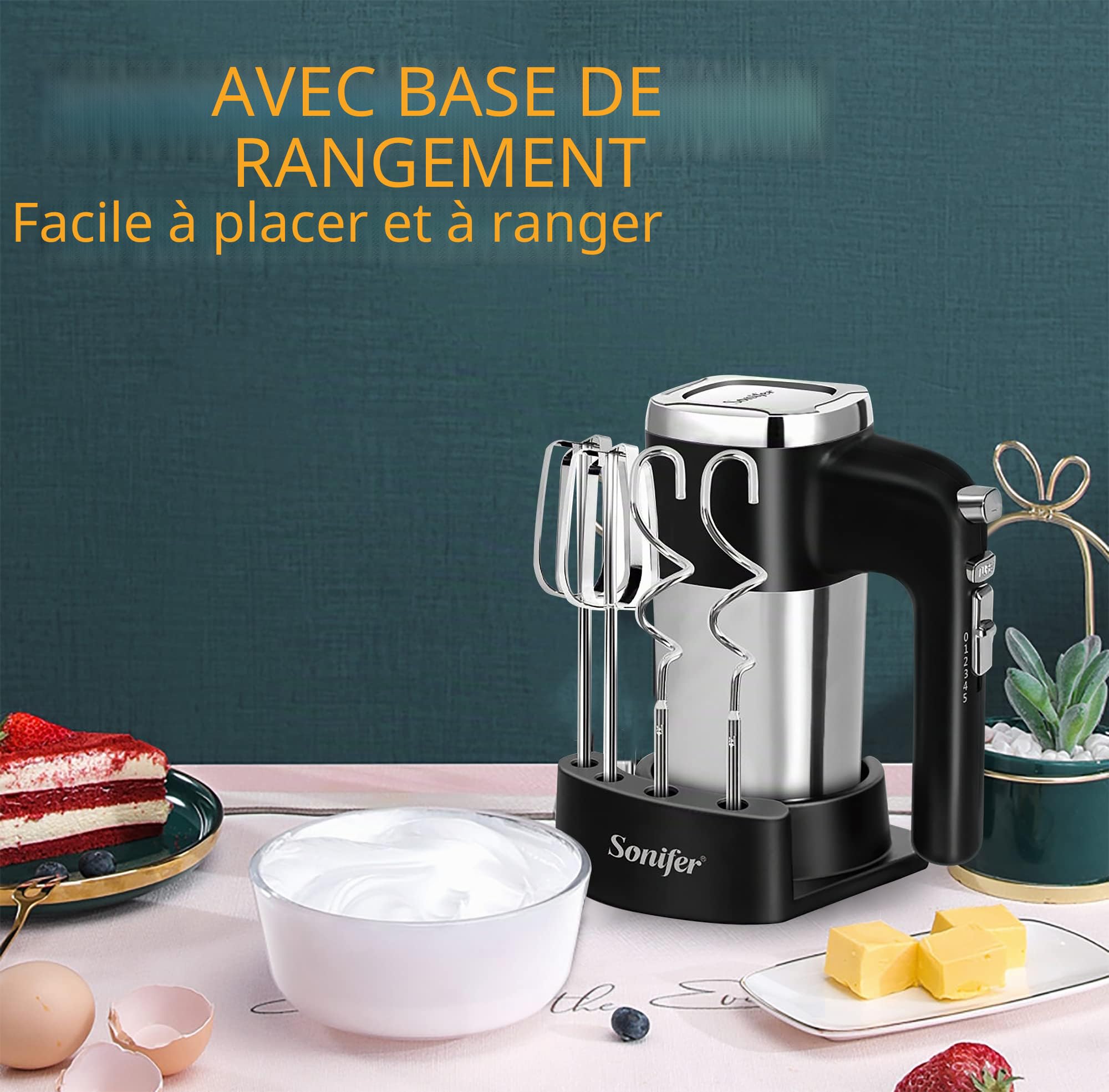 Sonifer Batteur Electrique Cuisine, Batteur Électrique Ultra Puissant de 500W, 5 Vitesses et Turbo, Bouton D'éjection, 1 Support de Rangement et 2 Batteurs et 2 Crochets Pétrisseurs