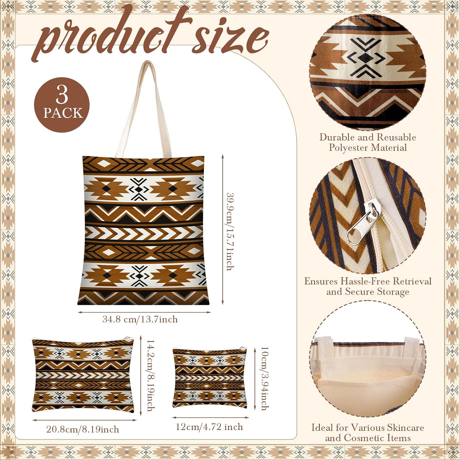 Blosssound 3 Pcs Aztec Bags for Women Canvas Tote Makeup Bag Coin Purse | Western Tote, Reusable Grocery Canvas Pouch, Native American Gifts, for Mom Teacher Sister