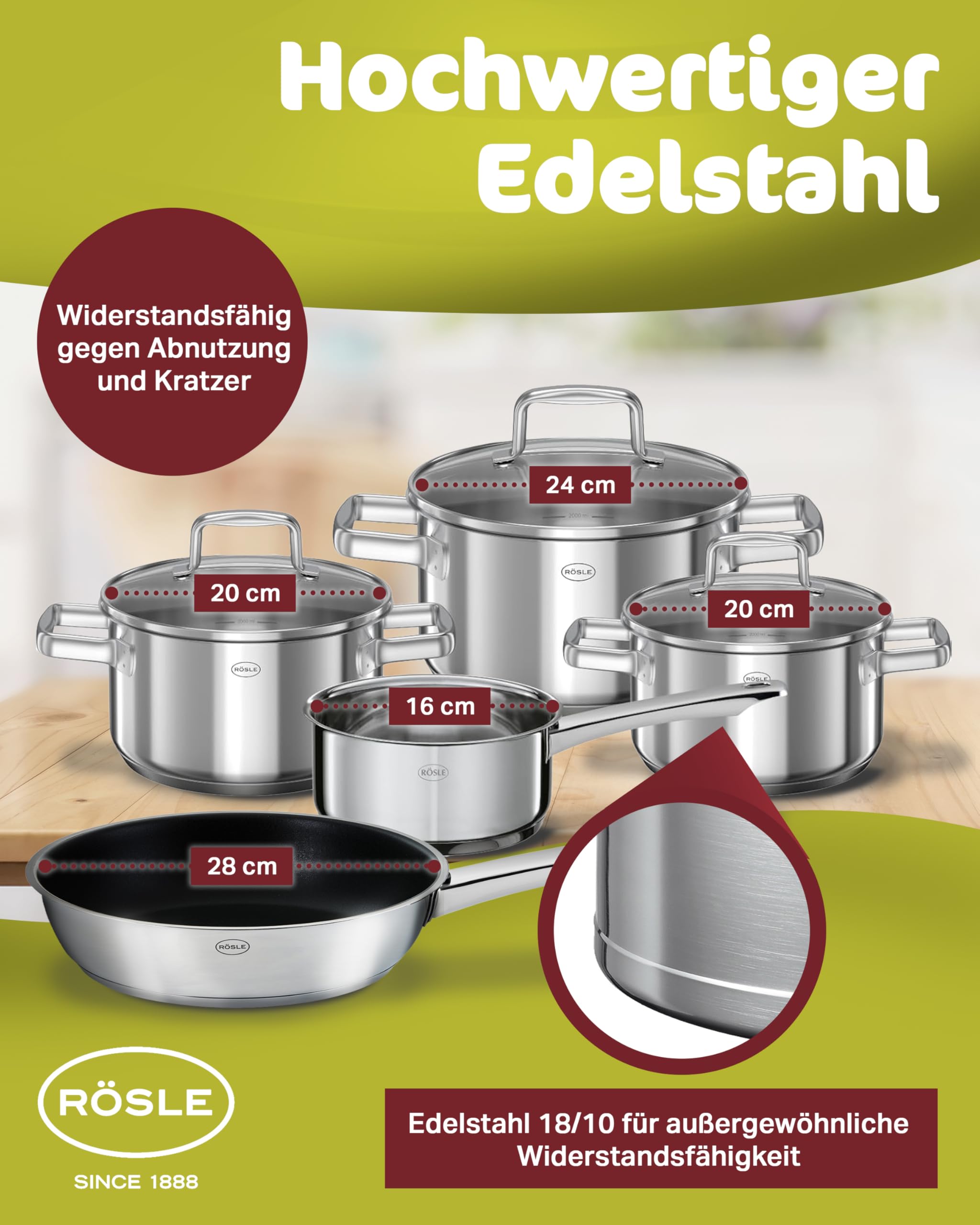 RÖSLE Moments Topfset Induktion 5 Stück, Edelstahl mit Aluminiumkern | 3 Töpfe mit Deckel, Kasserolle und antihaftbeschichtete Bratpfanne, für alle Herdarten, ofenfest bis 180 °C