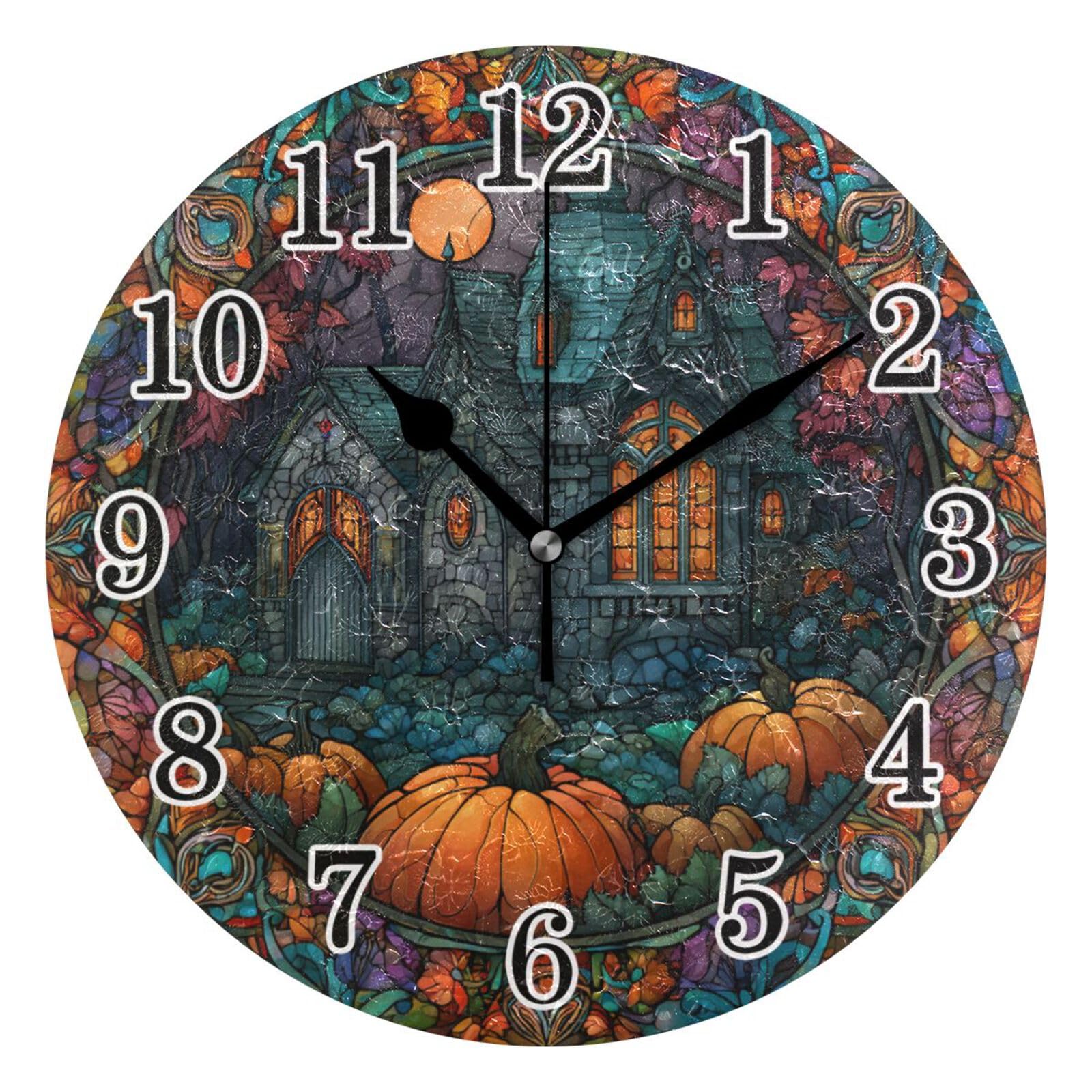 Pendule murale ronde noire contre le bruit horloges murales citrouilles d'automne 25cm