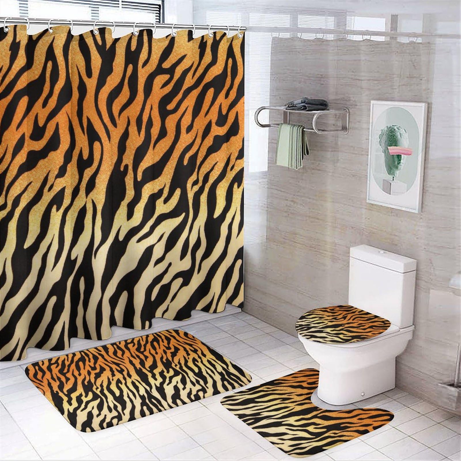Rideau de douche en tissu imprimé tigre et kit de tapis de bain haute densité
