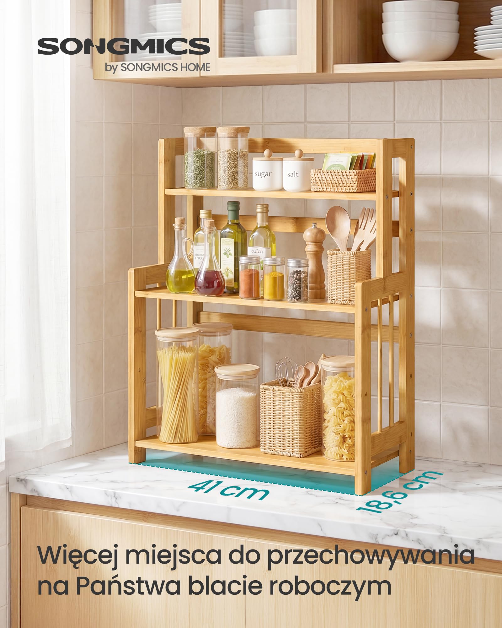 SONGMICS 3-poziomowy stojak na przyprawy, półka kuchenna, regał do przechowywania, blat, rama bambusowa, do kuchni, jadalni, biura, naturalny beż OFS047Y101