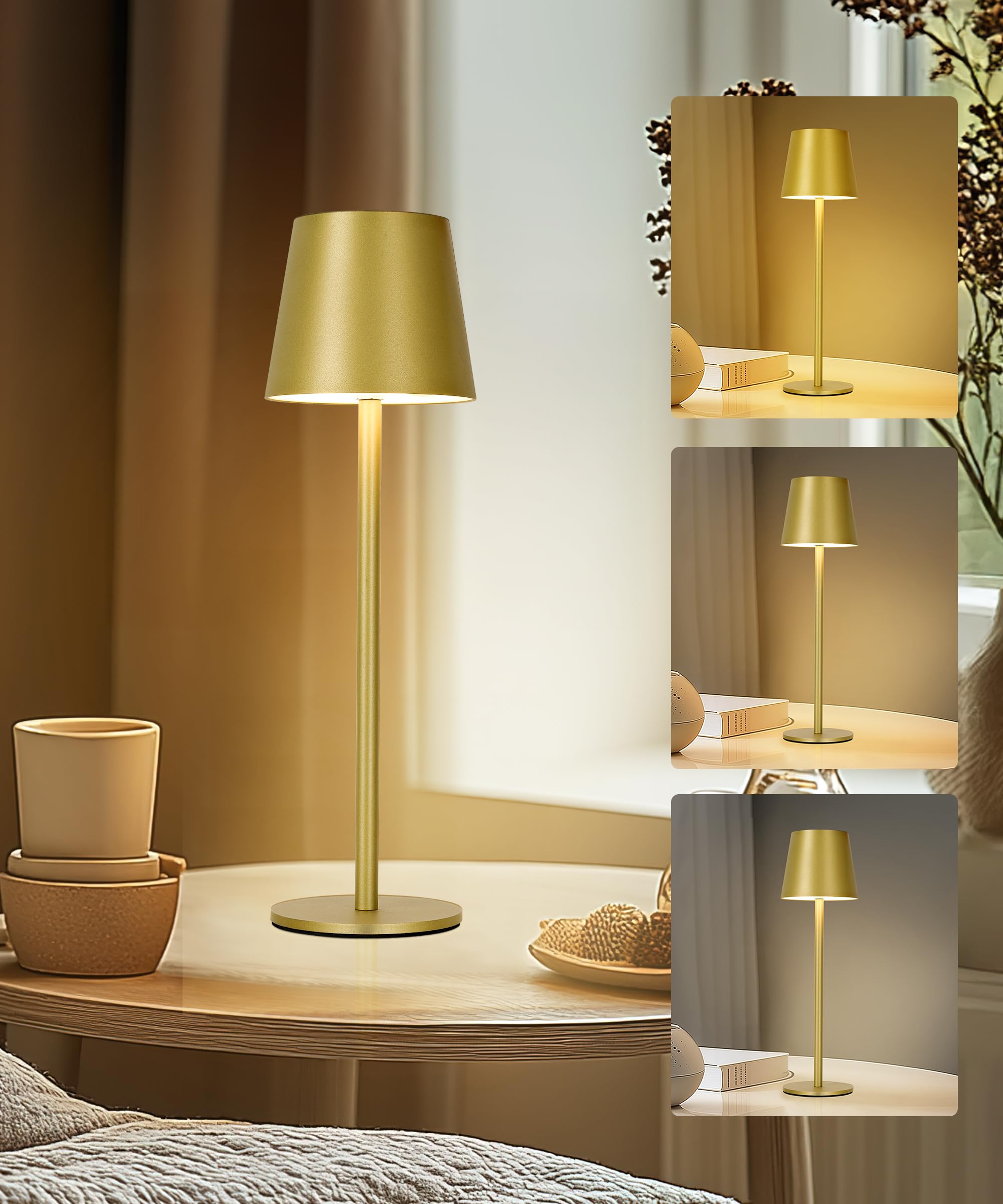 Faithorse Boys Champagne Gold Rechargeable Lamp Cordless Table Lamp, 2 Pack Battery Operated Lamps 5200Mah Ip54 Waterproof Wireless Lamp With 3-Color Modes Touch Control Night Light For Bedroom(Champagne Gold)