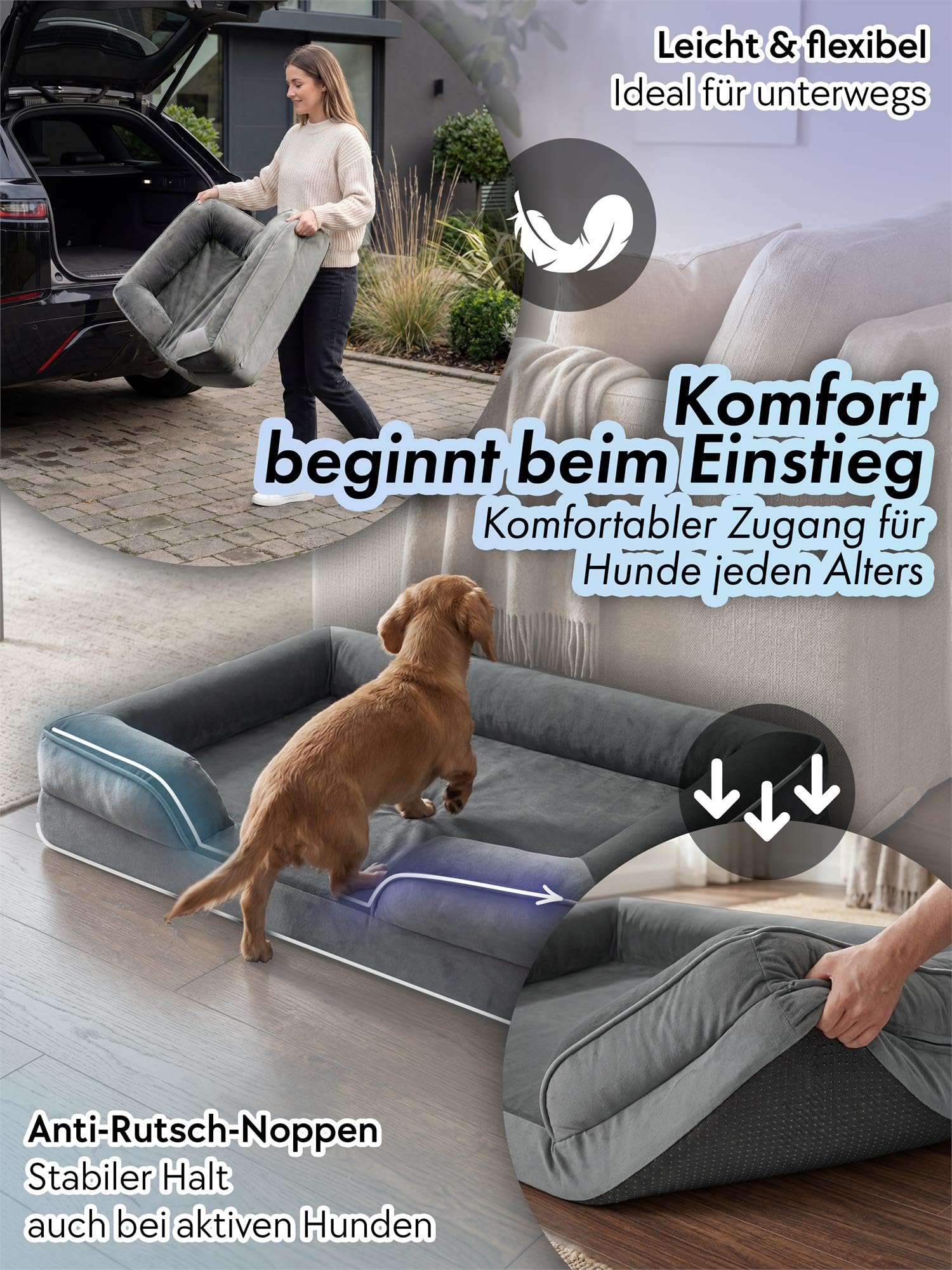 normani Ergonomisches Hundebett für große, mittlere und kleine Hunde - Orthopädisches Hundekissen - Hundecouch mit hohem Rand Anthrazit 60 cm x 80 cm x 16 cm