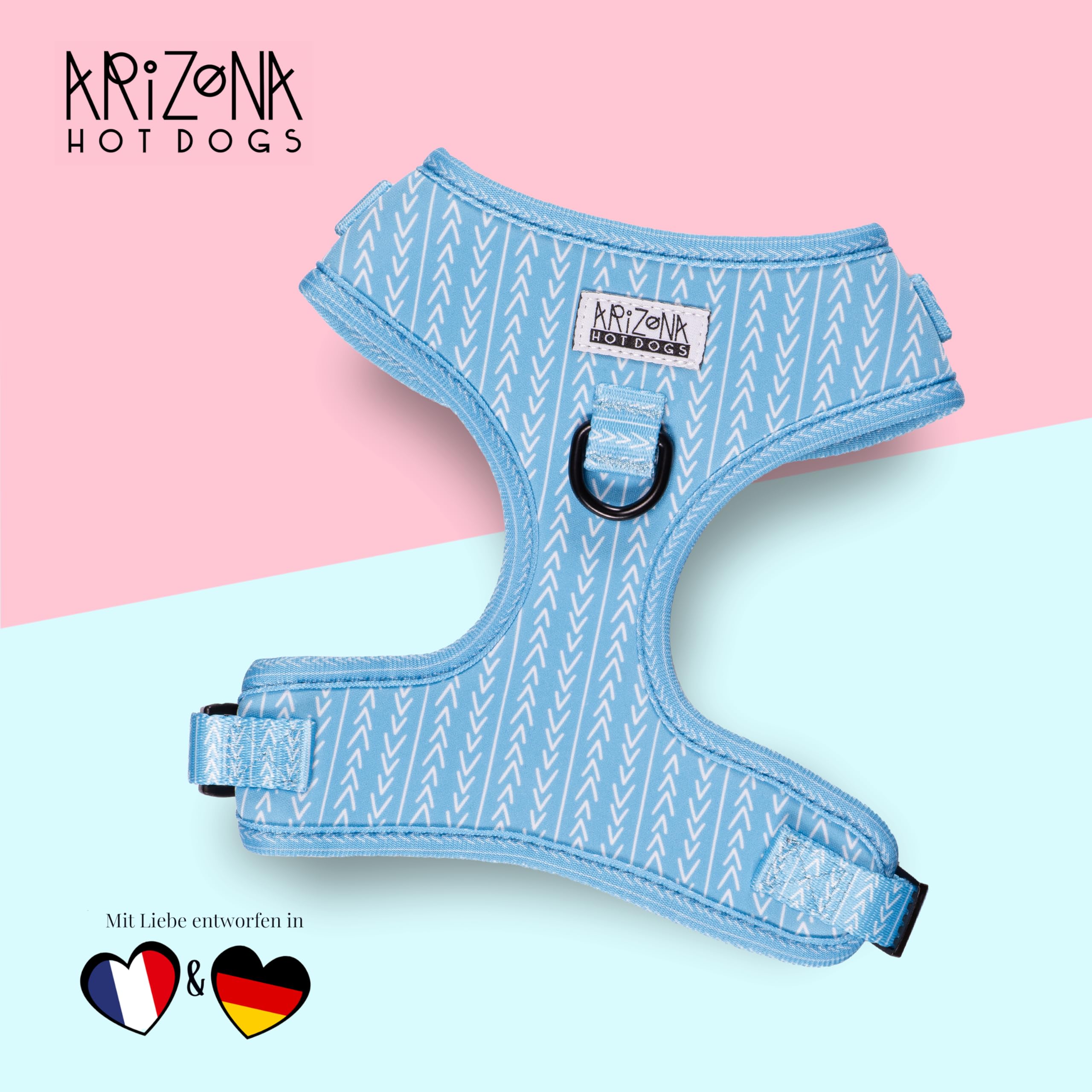Arnés para perros con correa de 1,5 m para perros pequeños | Arizona Hotdogs Soft Arnés neopreno | Bubble Gum azul con patrón de flechas (S)