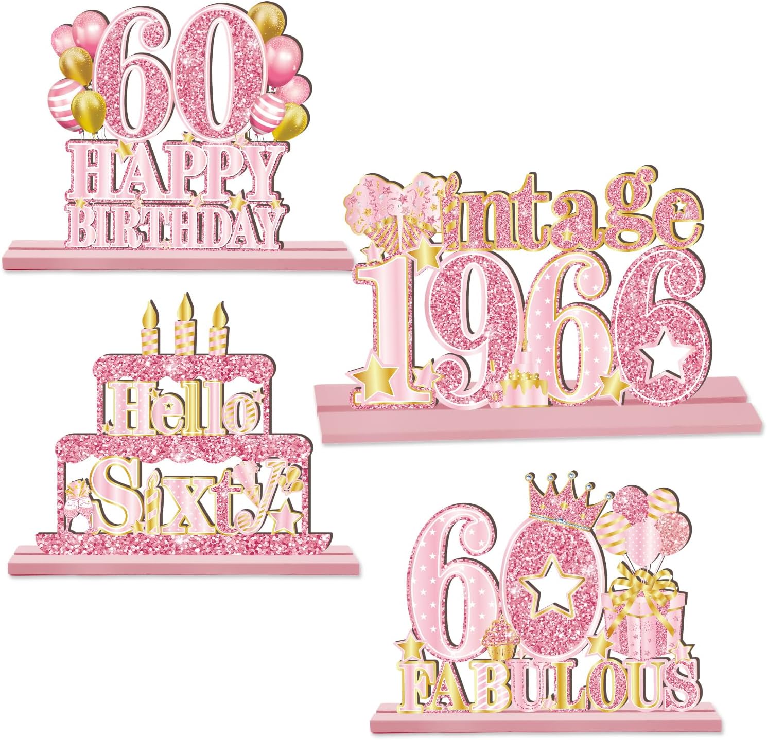 4Pcs Pink Rose Gold 60th Birthday Decorations Vintage 1966 Wooden Table Centerpieces for Women Hello Forty Table Sign Poster with Stand Cheers to 60 Years Bday Theme Party Table Decor Display Holder