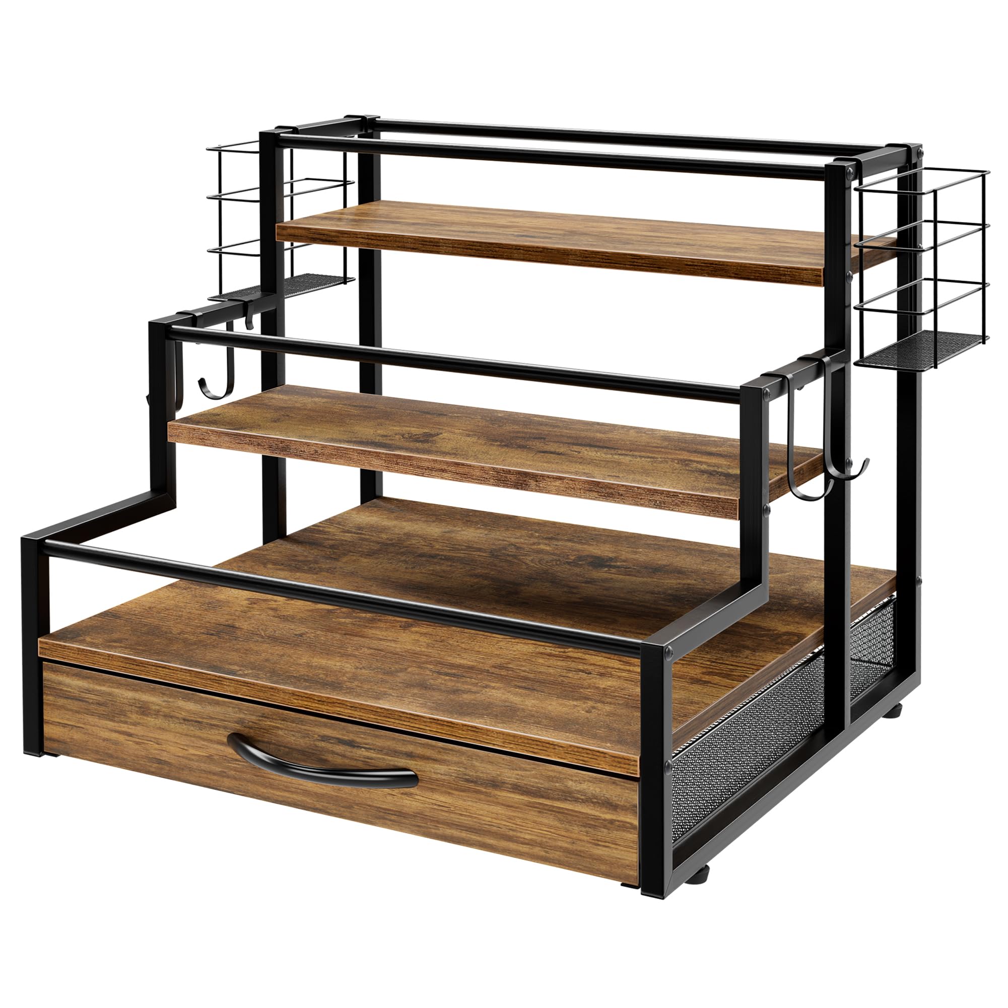 Estante organizador de jarabe de café, soporte para botellas de jarabe de 4 niveles con cajón de 36 K Cup Pod Storage para barra de café, 12 estantes de almacenamiento de botellas para jarabe, vino 7
