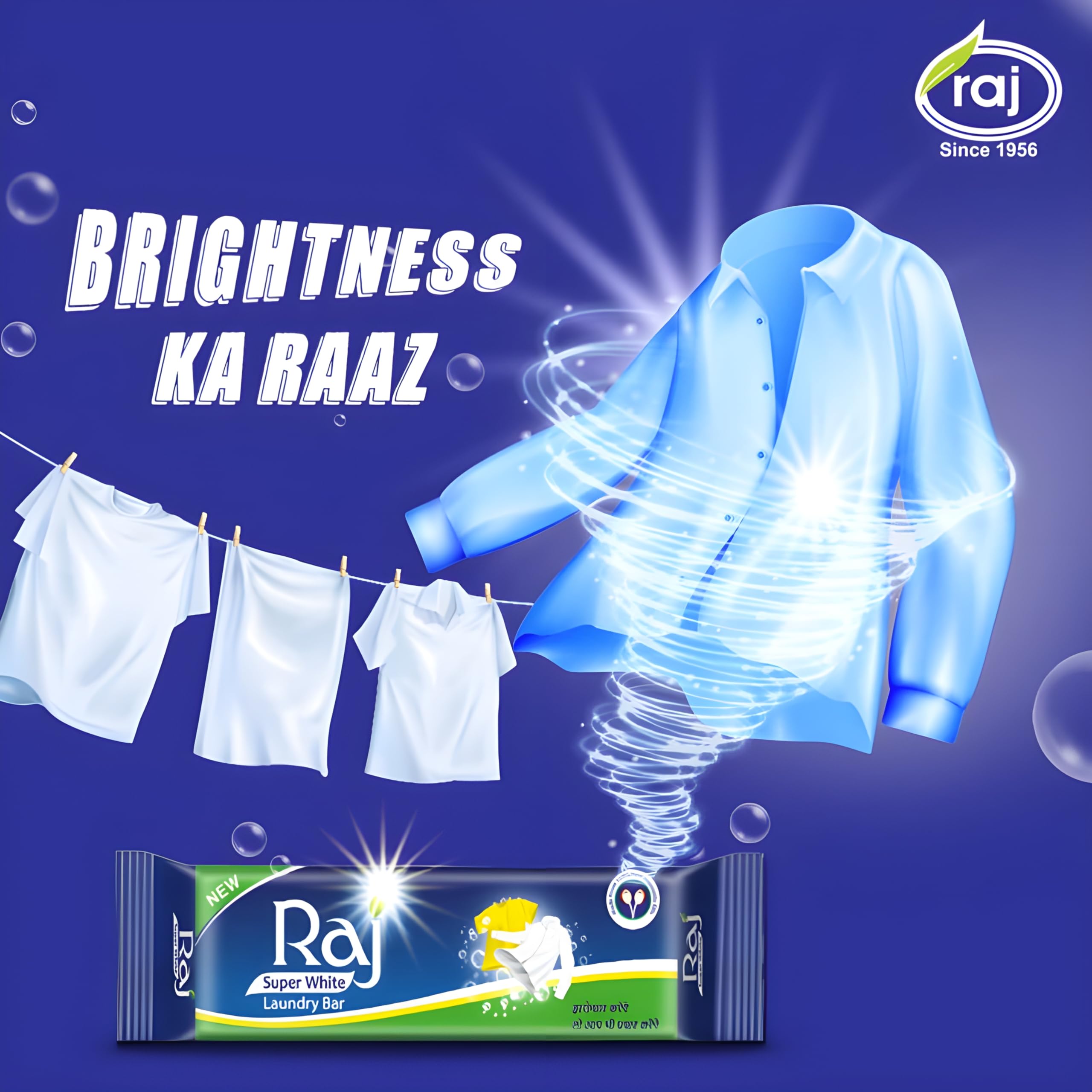 Raj Super White Laundry Soap Bar for Clothes | Tough Stain Remover | Fresh Fragrance | Gentle on Fabrics | Trusted Since 1956 | 60g x 20 Bars Pack 4