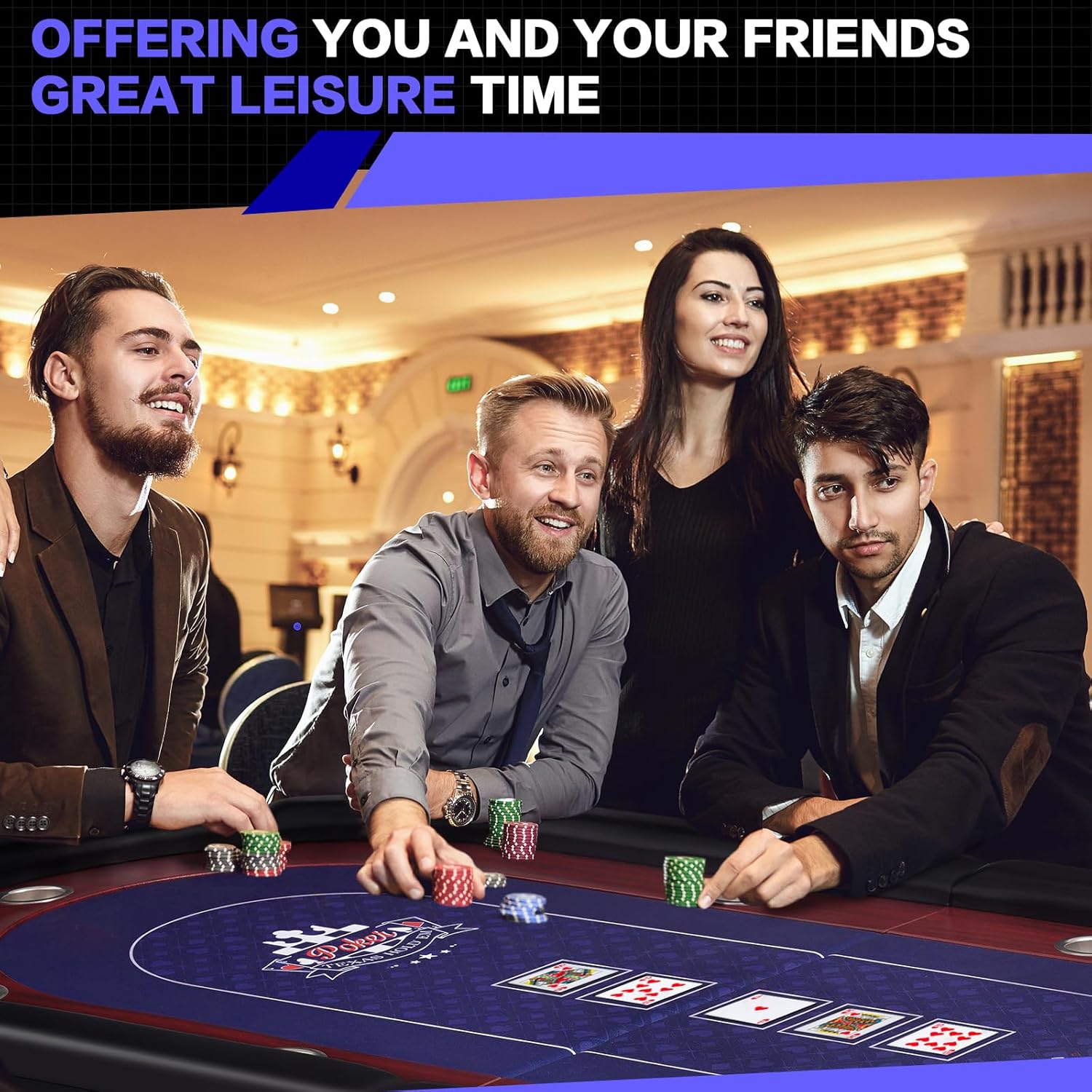 RAYKEEP 86" Large Foldable Poker Table, 10-Player Casino-Style Texas Holdem & Blackjack Game Table with Cup Holders, Padded Rails for Home Game Room, Family Nights, and Parties (Black)