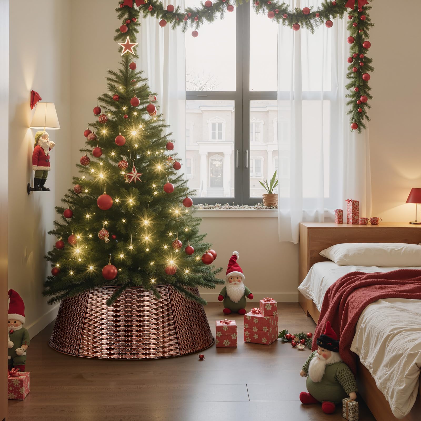 Lanpn Metal Collar Árbol de Navidad 70cm, Albero Natale Decorativo Christmas Tree Collar para Mediana M Árboles Artificiales Interior Exterior - Decoración Navideña (Cobre, Tejido Horizontal)