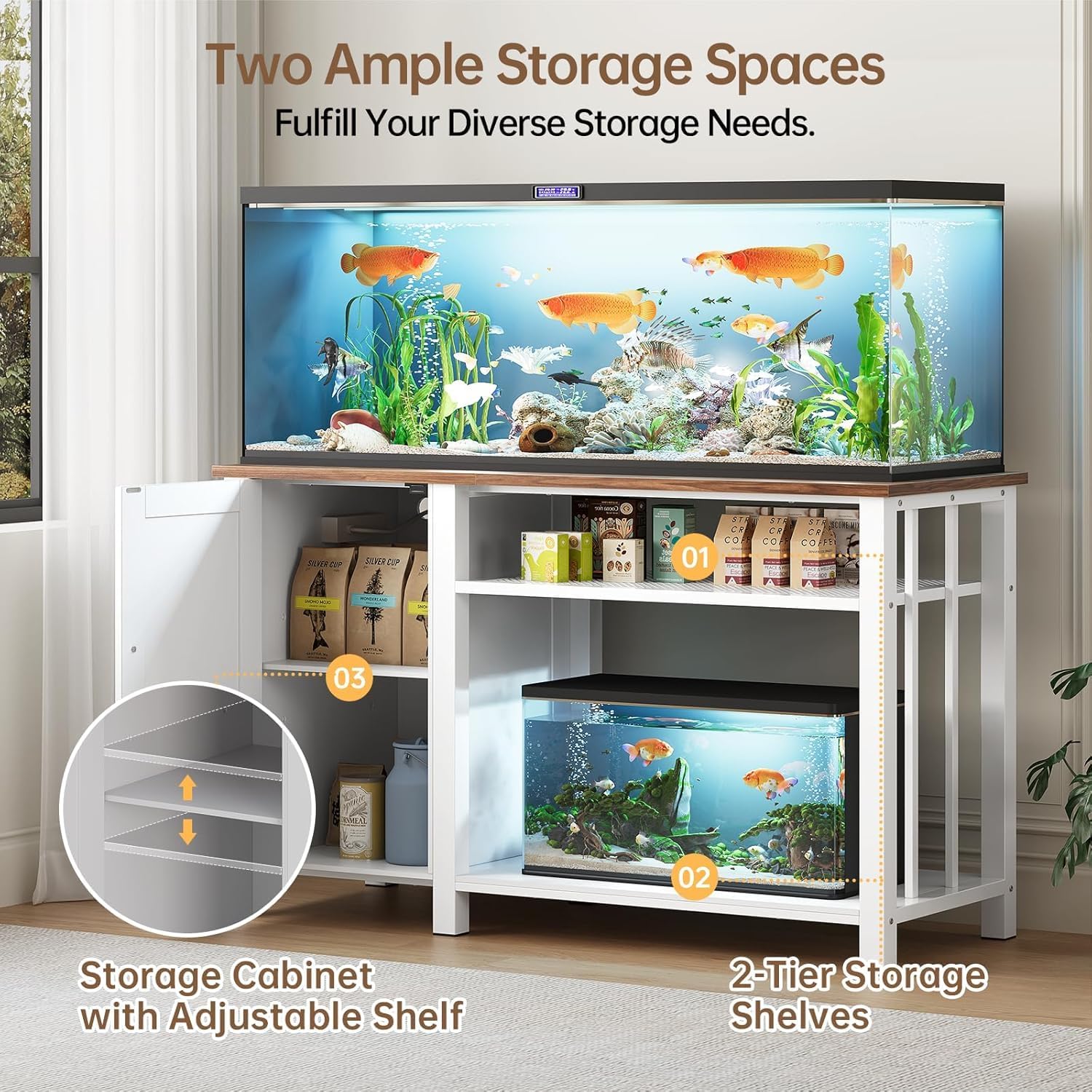 55-75 Gallon Aquarium Stand with Power Outlet, Heavy Duty Fish Tank Stand with Cabinet Storage & Adjustable Shelf, for Fish Tank, Turtle Tank, Reptile Terrarium, 1000LBS Capacity, Off White