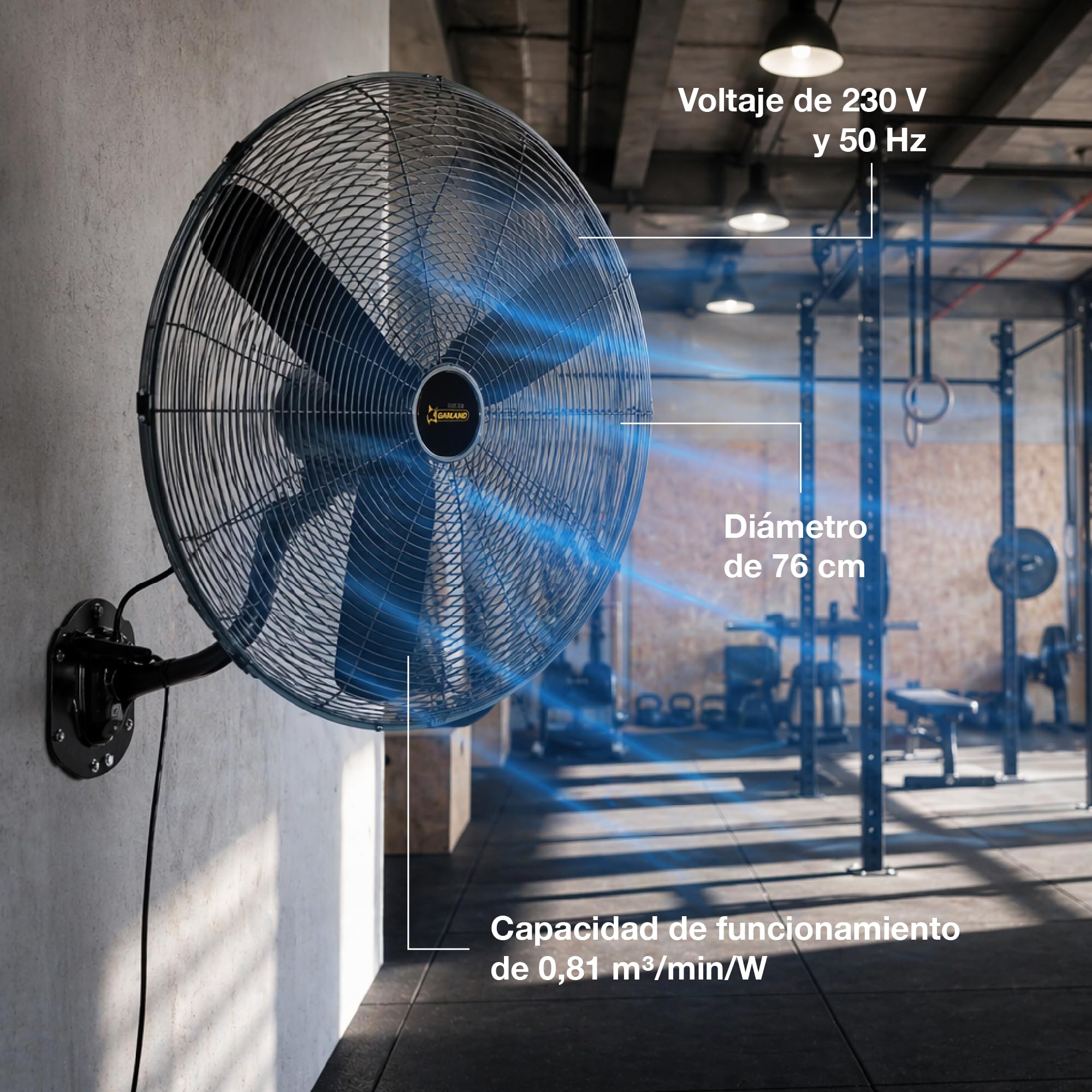 Garland TURBO 30W-V23 - Ventilador industrial de pared 260W, 210 m³/min, 76 cm, oscilante, cable 3,8 m