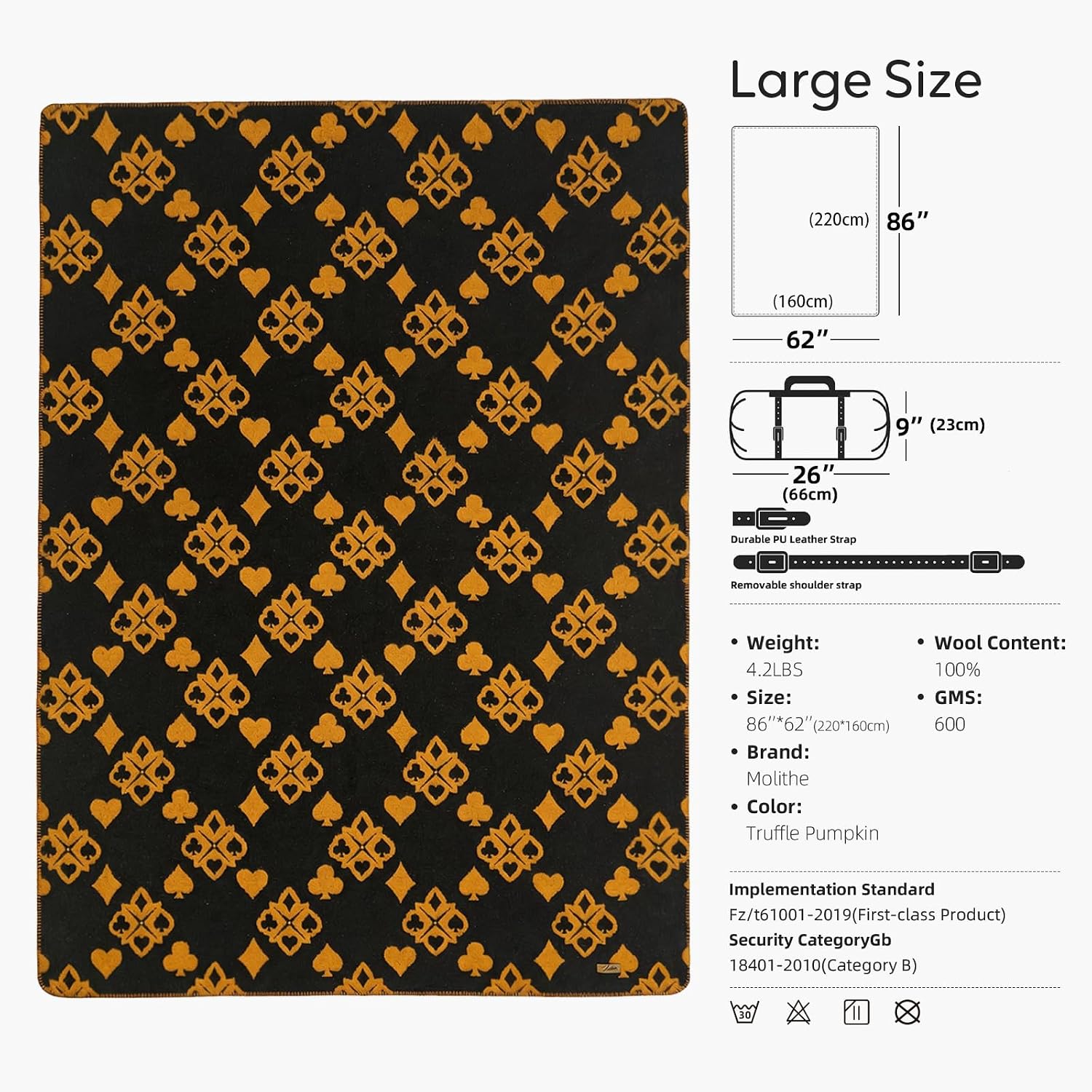 Molithe 100% Wool Blanket, 62" x 86", Warm, Thick, Washable, Military | Great for Camping, Outdoors, Sporting Events, Survival Kits Truffle Pumpkin